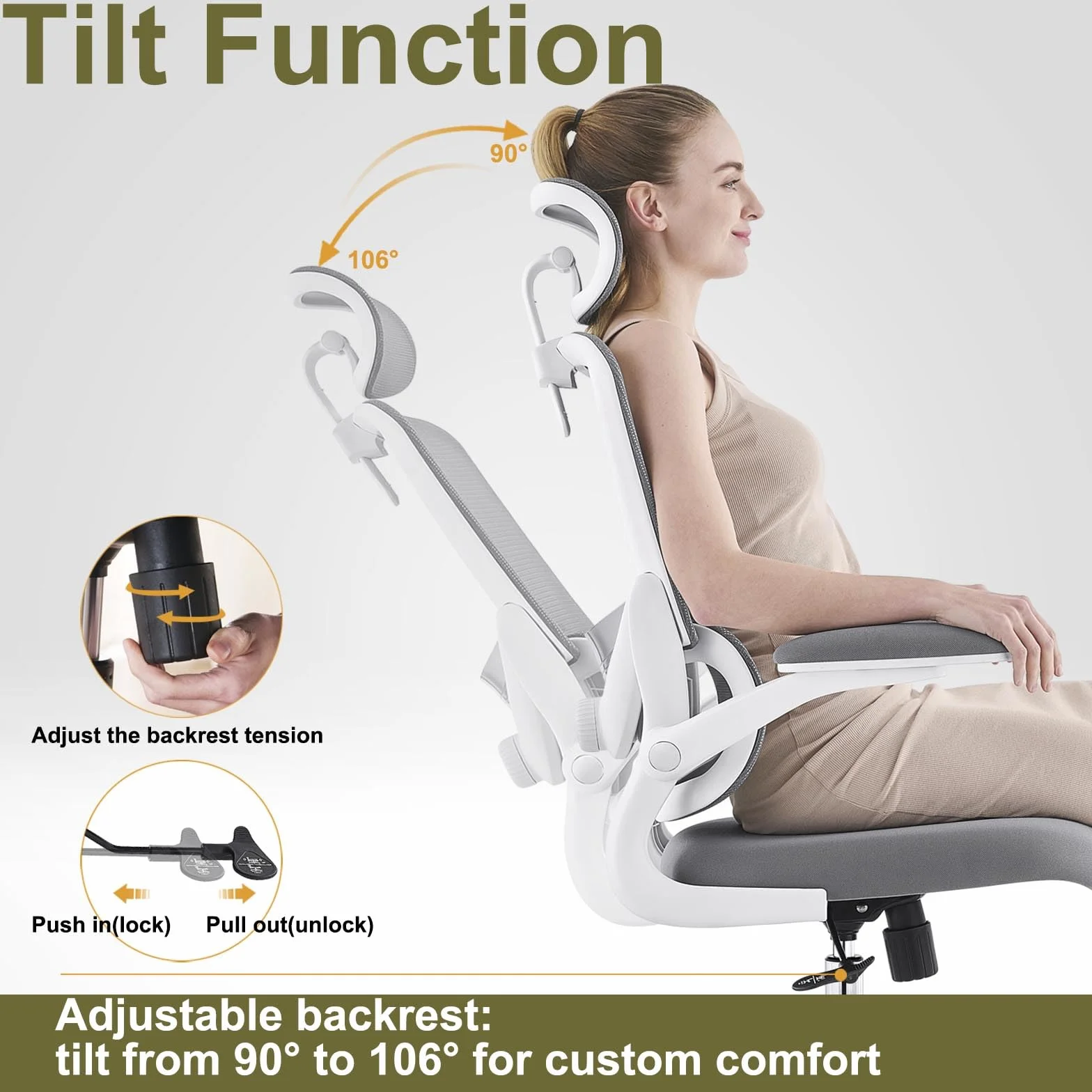 Silla Ergonómica para Oficina, Silla de Escritorio Respaldo Alto de Malla, Soporte Lumbar Ajustable, Reposabrazos Abatible, Reposacabezas Desmontable, Silla Giratoria para Juegos, 150 KG