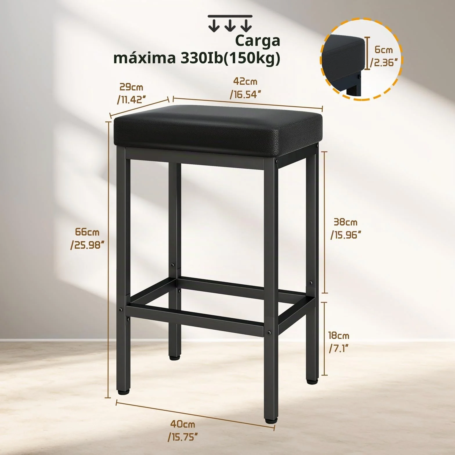 YMYNY 66 cm Taburetes Altos de Cocina, Negro Cuero de PU Taburete Alto, Taburetes de Cocina con Cojín de 6 cm De Grosor y Base de Metal, HBS513B-2