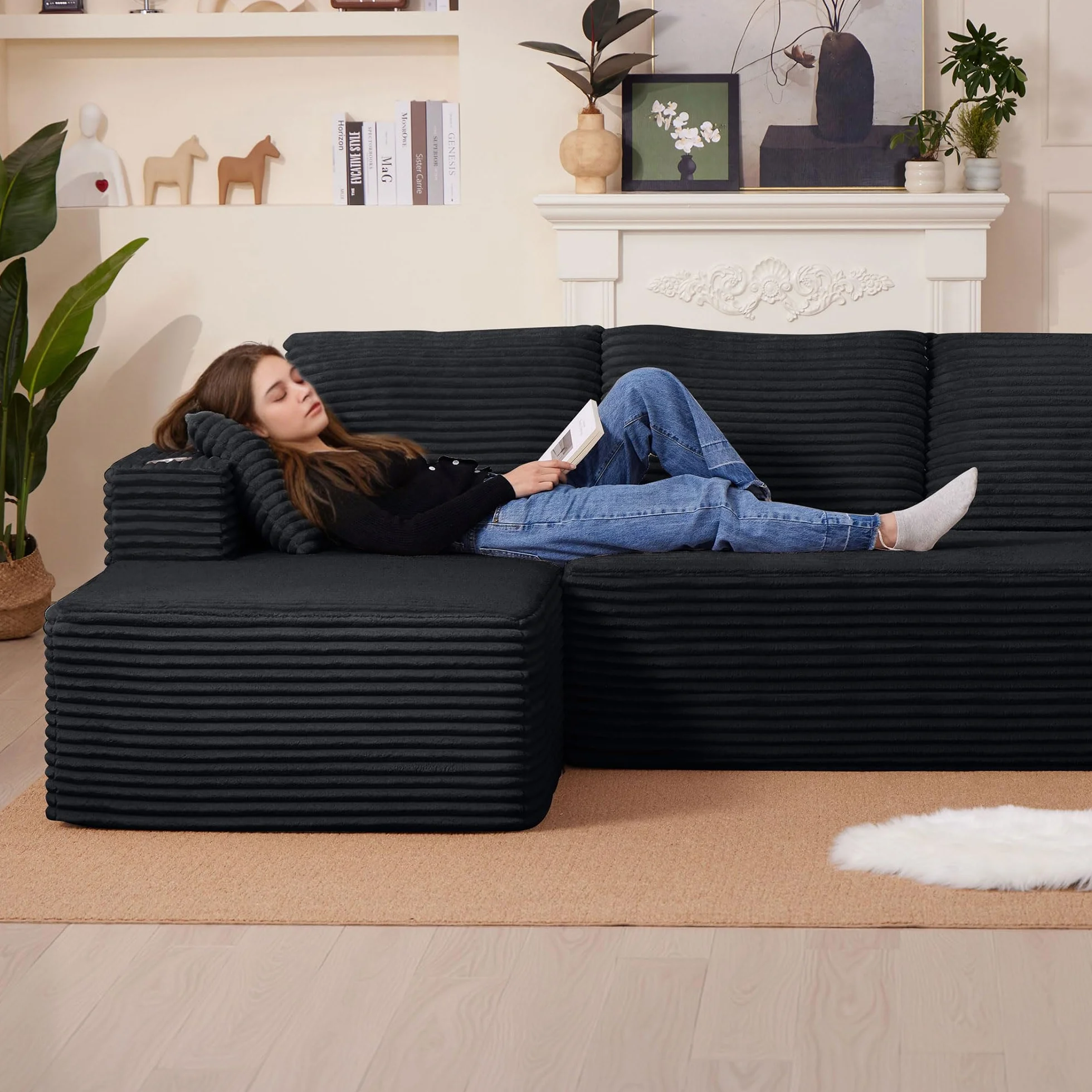 Sofa Modular sofás Comprimidos al vacío, Sofa Cama Chaise Longue 102 inch/261cm Sofá de Suelo Modular sin Estructura con Función de Dormir, Sofá para Salón o Apartamento, Negro