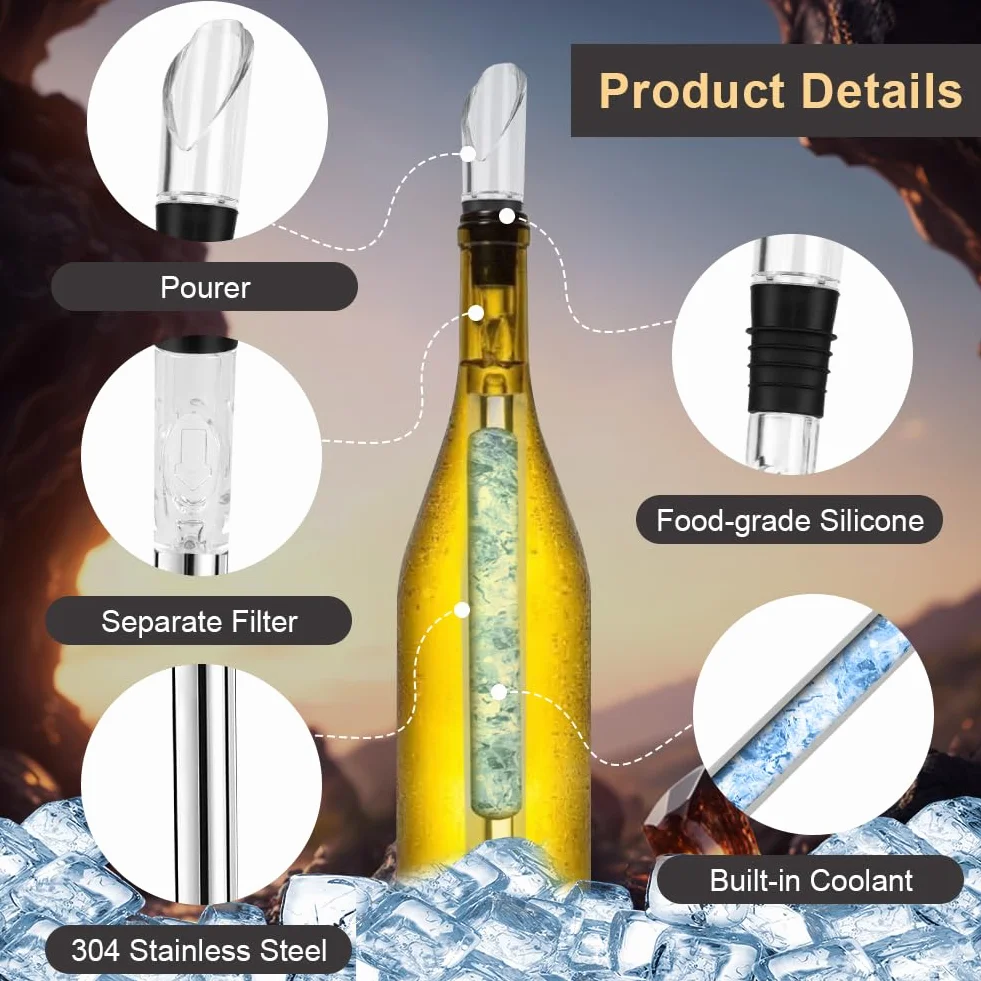 HOTUT Enfriador de Vino con Varilla de Enfriamiento, 2PCS Acero Inoxidable Antigoteo