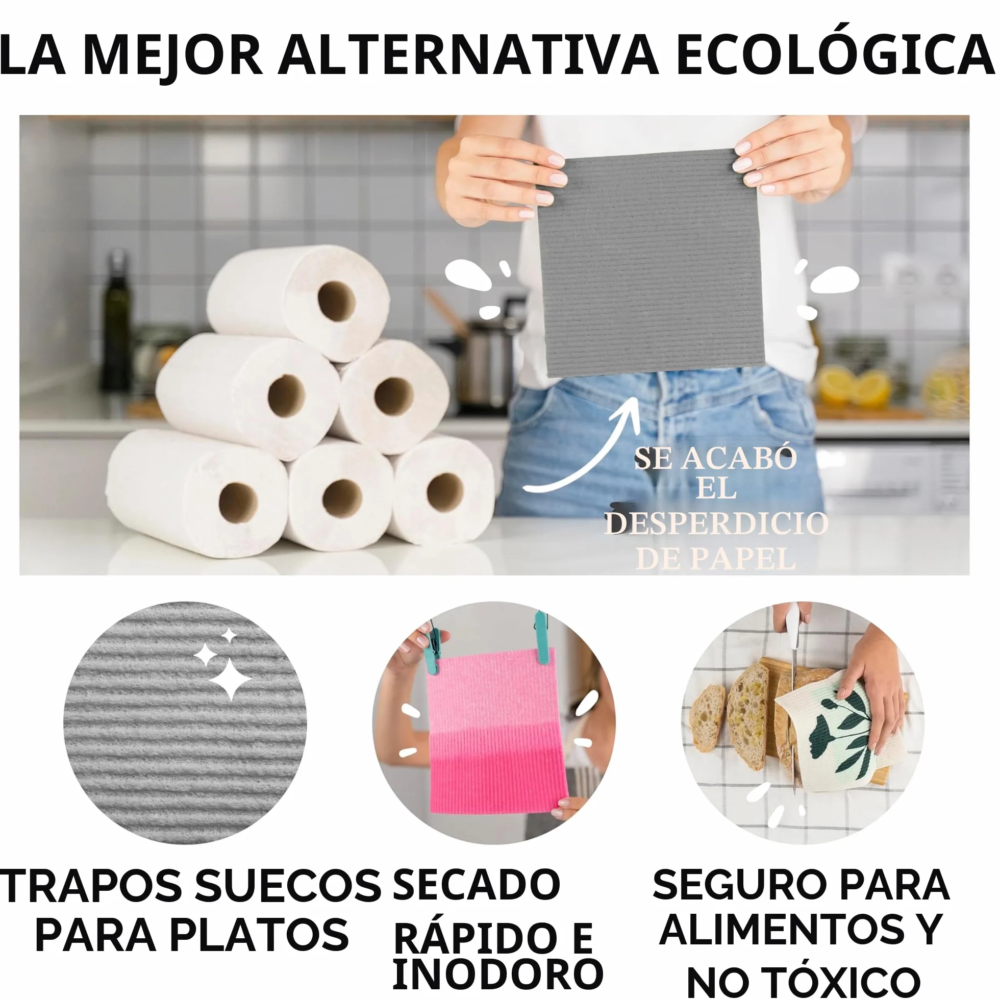 SUPERSCANDI 6 Piezas Paños de Cocina Biodegradables Compostables Reutilizables Sin Plástico Gris