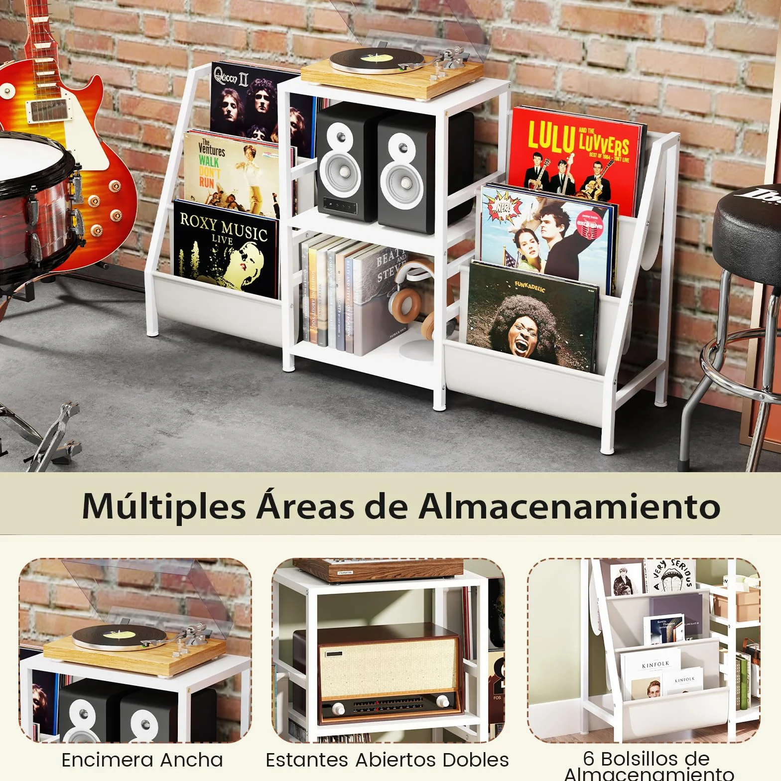 COSTWAY Soporte para Tocadiscos con Almacenamiento para Vinilos, Estantería de Metal, 6 Bolsillos, Blanco