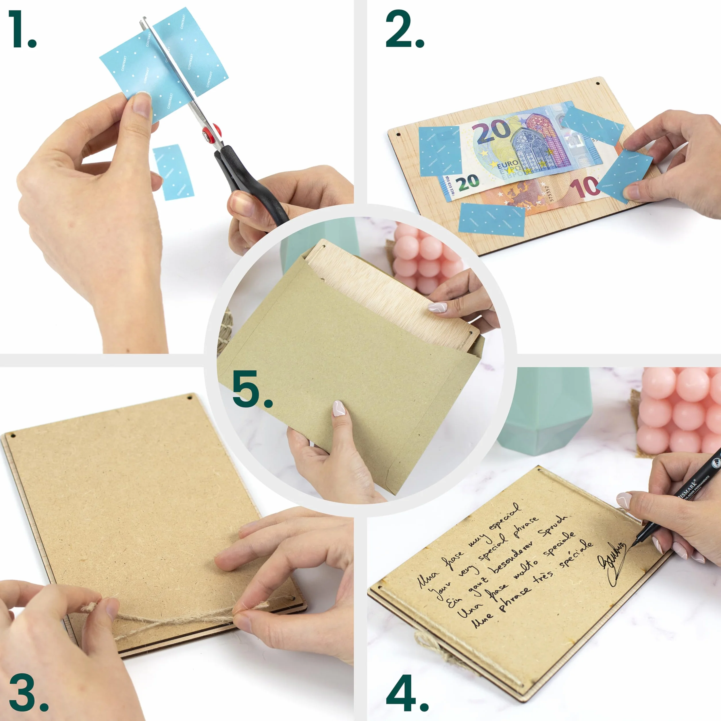 CONTRAXT Tarjeta de Madera para Fondo de Viaje Regalo Original Vacaciones Aventuras Soporte Creativo Regalar Dinero