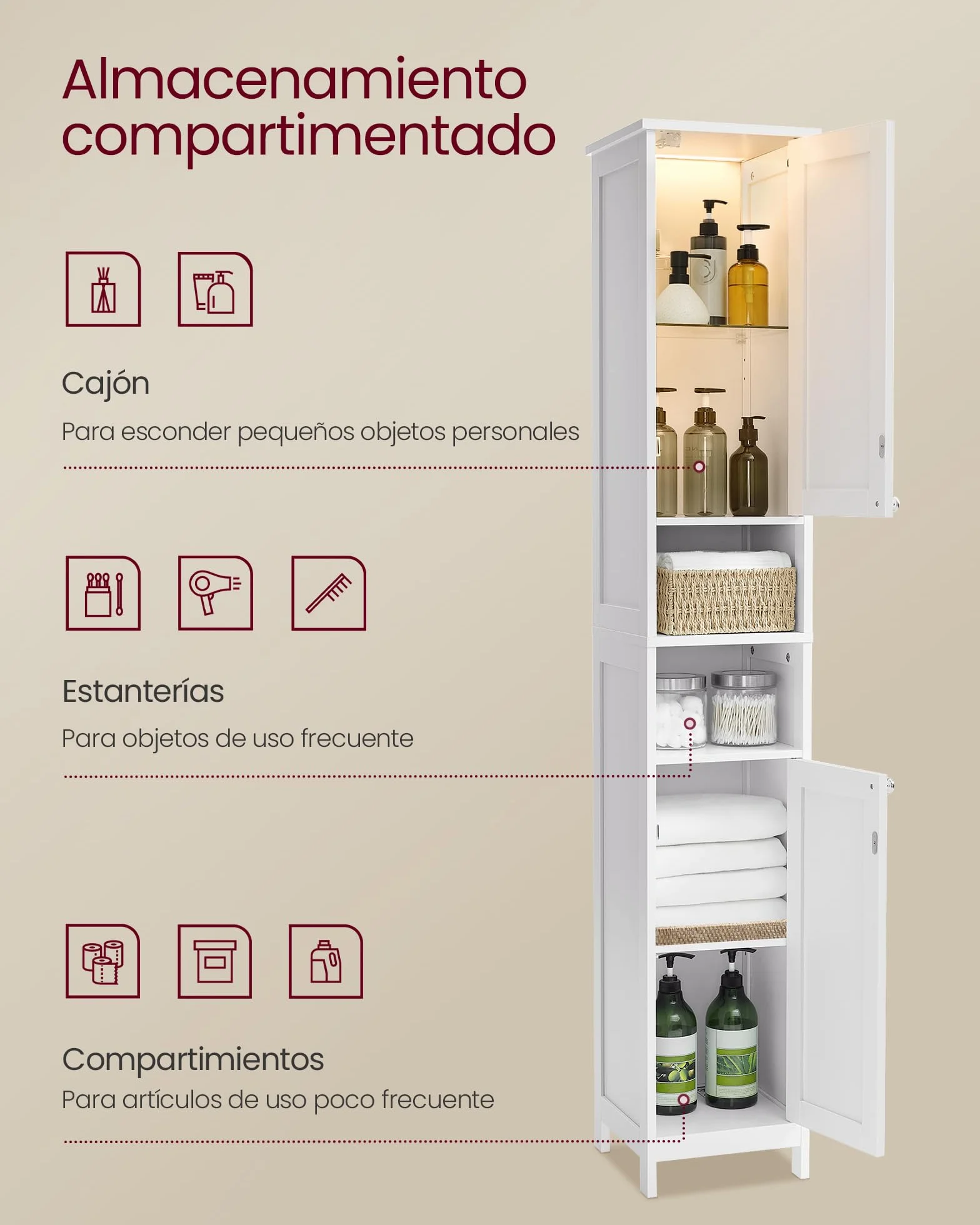 VASAGLE Armario de Baño Alto Iluminación Estantes Ajustables Blanco Nube BBC566W03