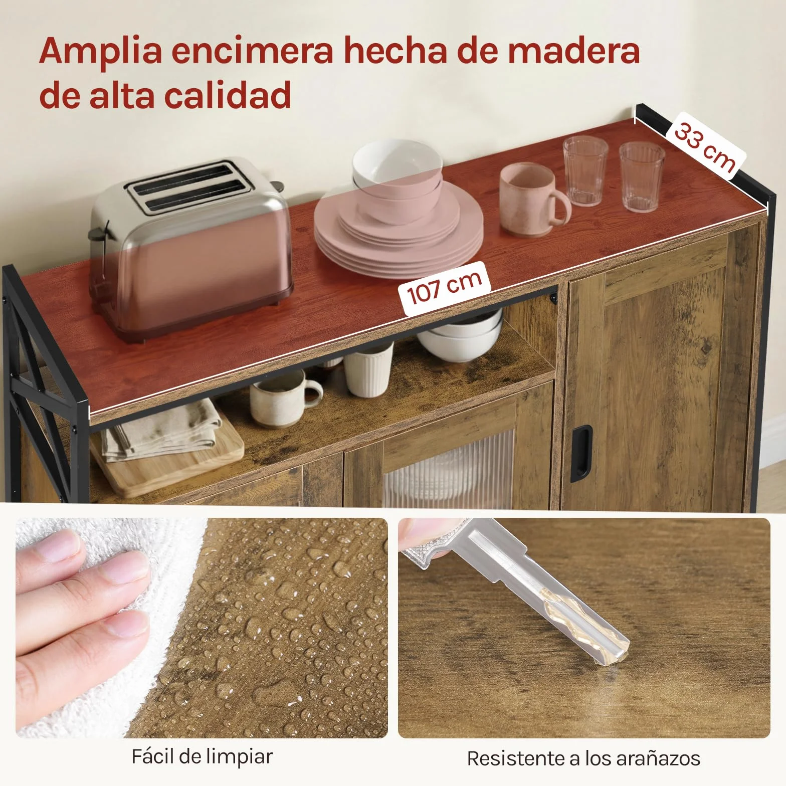 WOLTU Aparador Cocina de Almacenamiento, 3 Puertas, Estantes Ajustables, Mueble Auxiliar de Almacenaje para Cocina Salón y Comedor, Estructura Metal y Madera, 110x33x75 cm, Madera Marrón