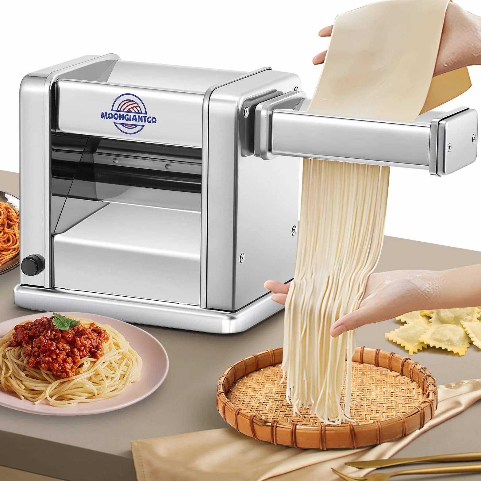 Moongiantgo Máquina de Pasta Eléctrica Laminadora de Masa Acero Inoxidable con Cortador de 2mm/4mm/6.5mm para Espaguetis, Ravioli, Ajuste de Espesor de 7 Velocidades para Uso Doméstico (3Cuchillas)