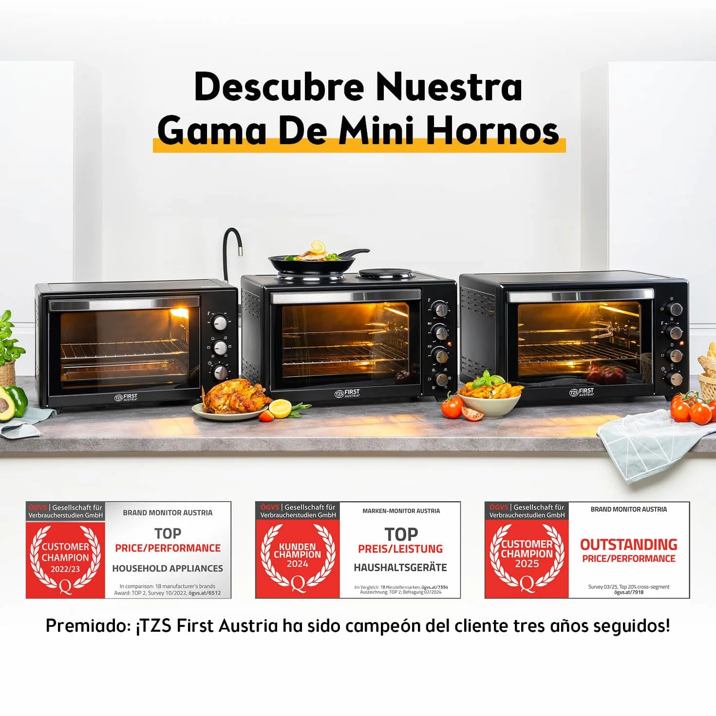 TZS First Austria - Mini Horno 35L 1600W - Minihorno pizza con regulación de temperatura 230°C y revestimiento antiadherente - Con temporizador de 60 min, 3 alturas de inserción, bandeja y parrilla