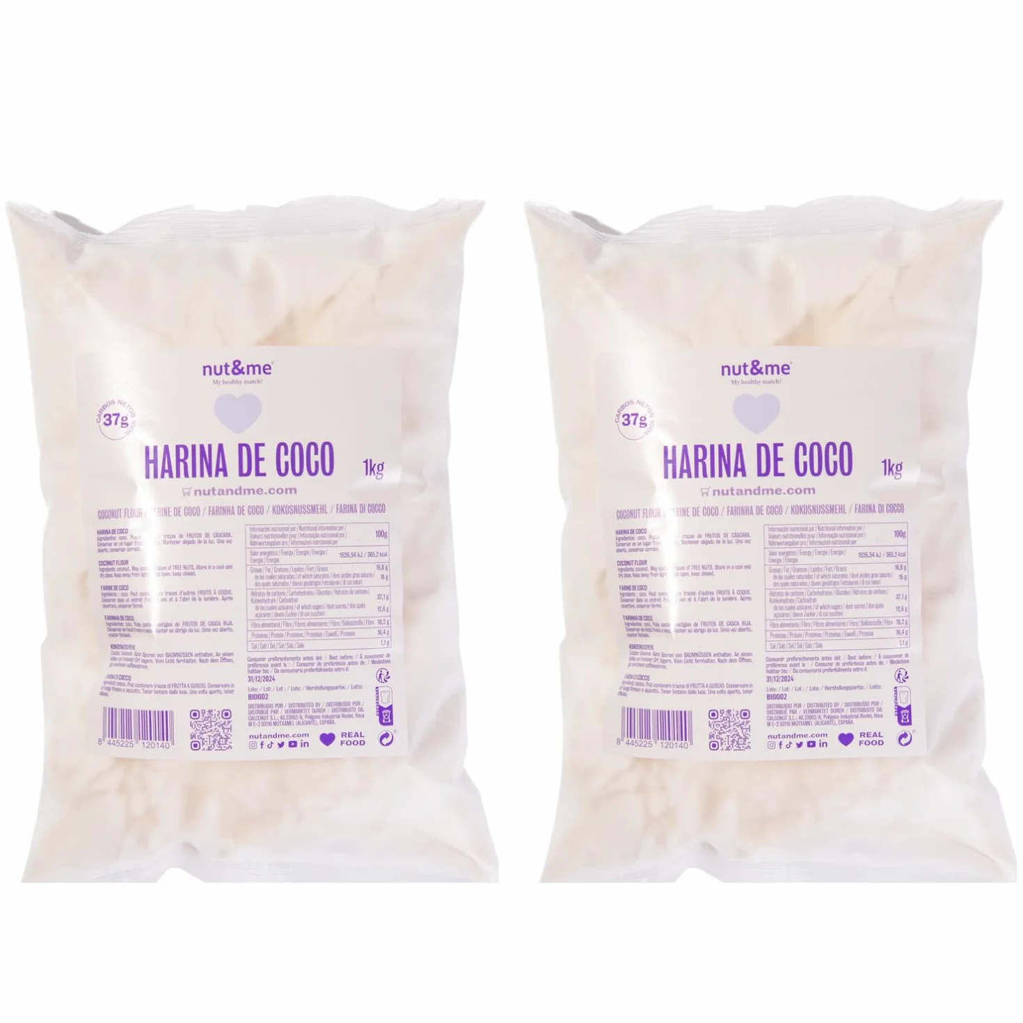 Harina de Coco 2 kg nut&me 100% Coco Sin Gluten Sin Aditivos Keto Dieta Vegana Reposteria Pack 2 x 1 kg