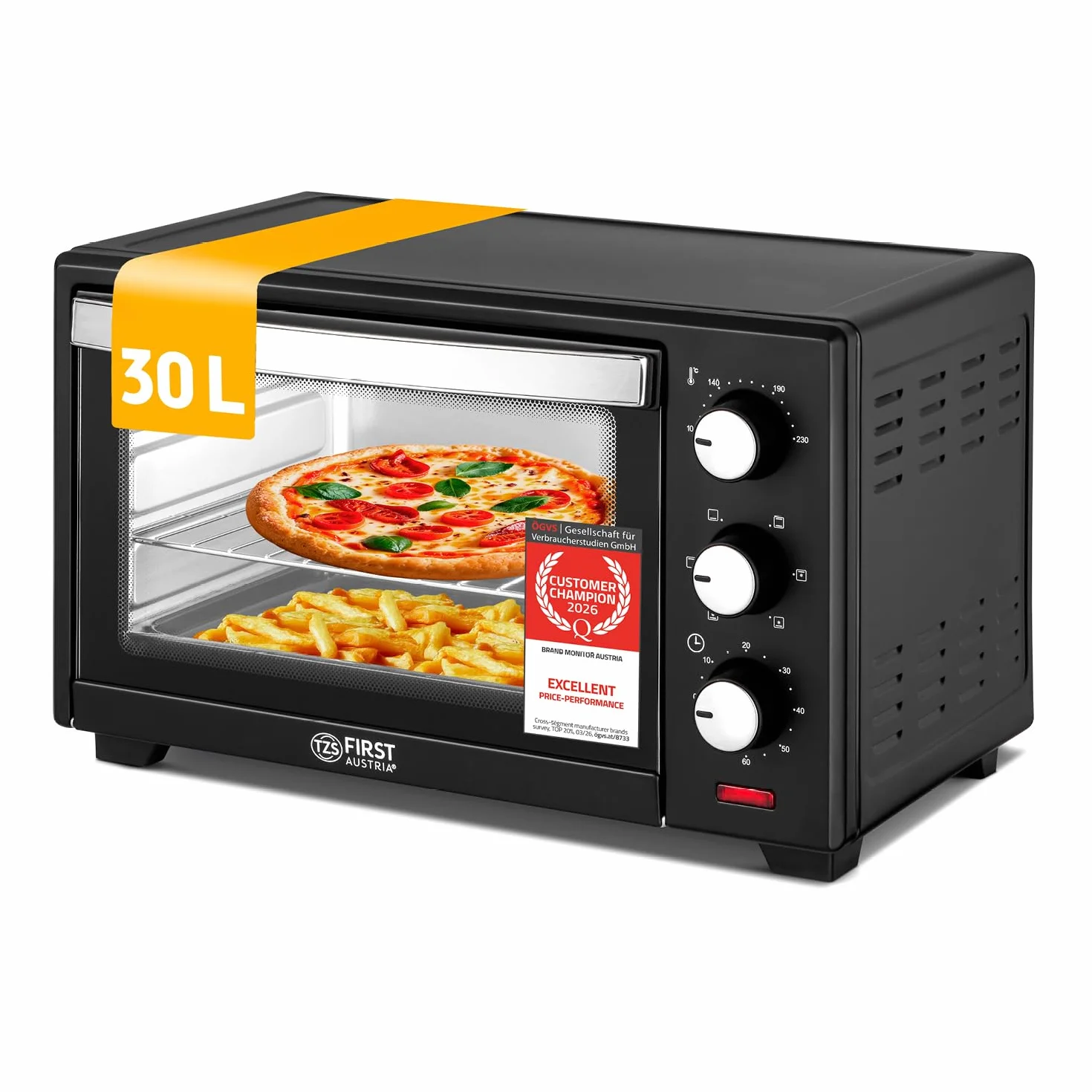 First Austria Mini Horno 30L 1600W Horno Eléctrico con Termostato 230°C Temporizador 60min 3 Alturas Bandeja Parrilla