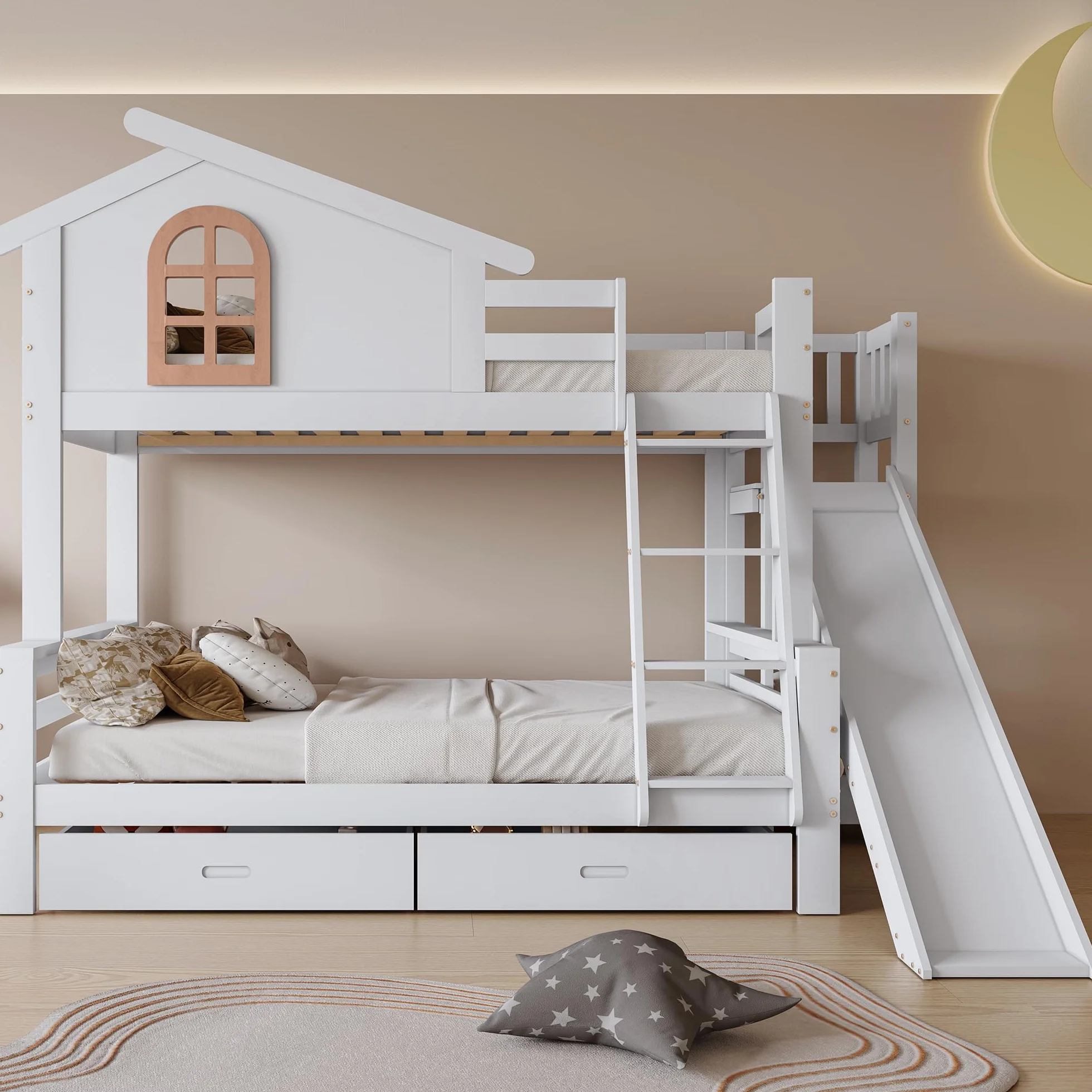 Moimhear litera con ventanas características y escalera basculante de cuatro niveles, cama para niños y madre con tobogán, con dos cajones, estructura de cama de madera maciza, color blanco, 90x200 y