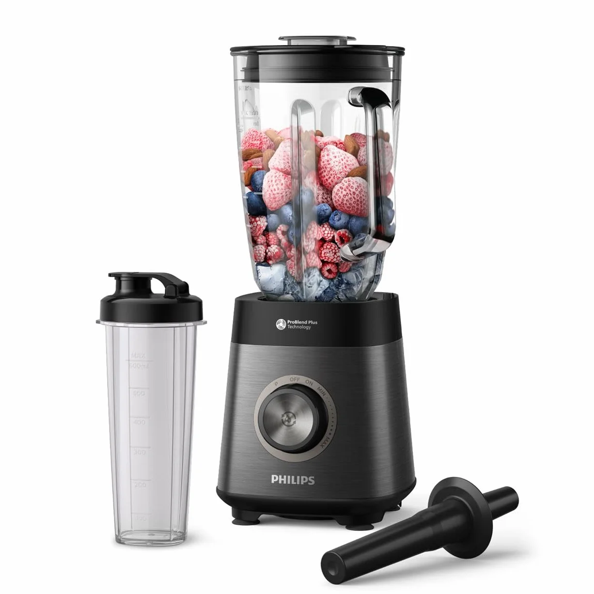 Philips Serie 5000 Batidora, Motor ProBlend Plus de 1200 W, Prepara Batidos Espesos de Fruta Congelada, Capacidad de 2 litros, Limpieza Sin Esfuerzo, Aplicación Nutri-U, Negro (HR3041/00)