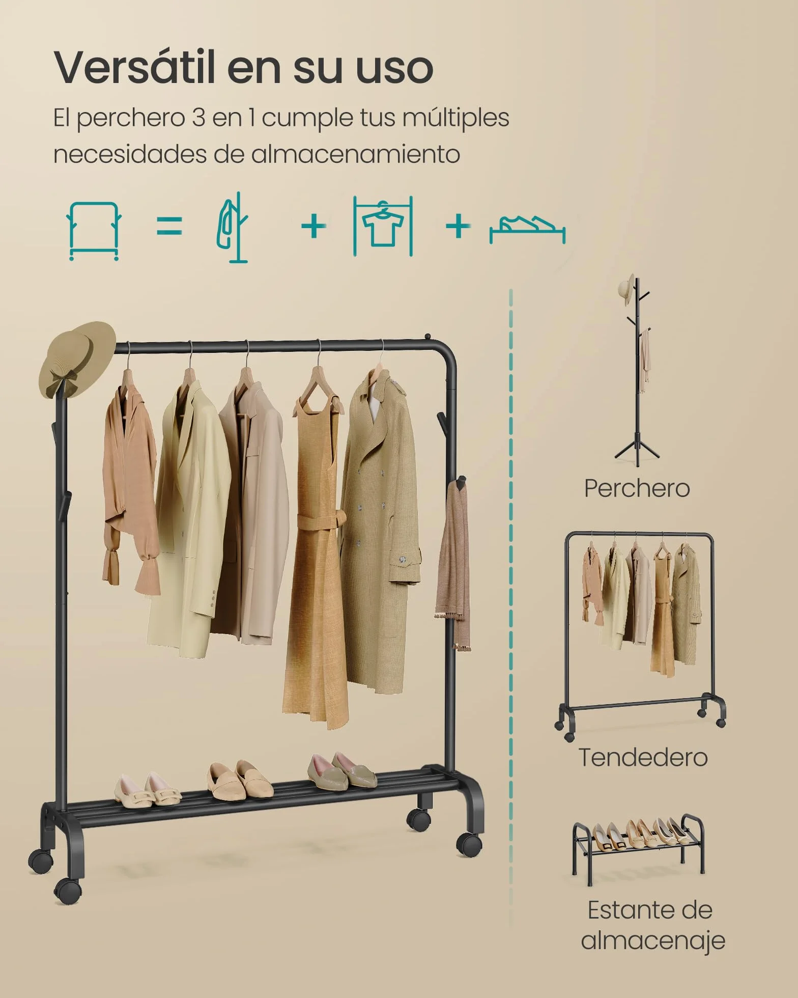 SONGMICS Perchero Burro con Ruedas, Barra, Tubo de Acero, 50 kg, 102 cm, Negro