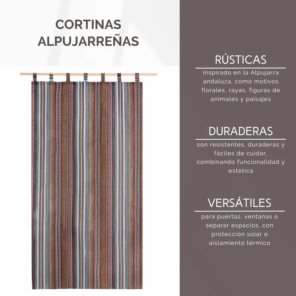 Cortina alpujarreña con trabillas RUSTICA Nº21 de 140x260 cm, Tejido jacquard, de fácil mantenimiento y resistente. Confeccionada con trabillas. Diseño rústico. Cortina de puerta exterior