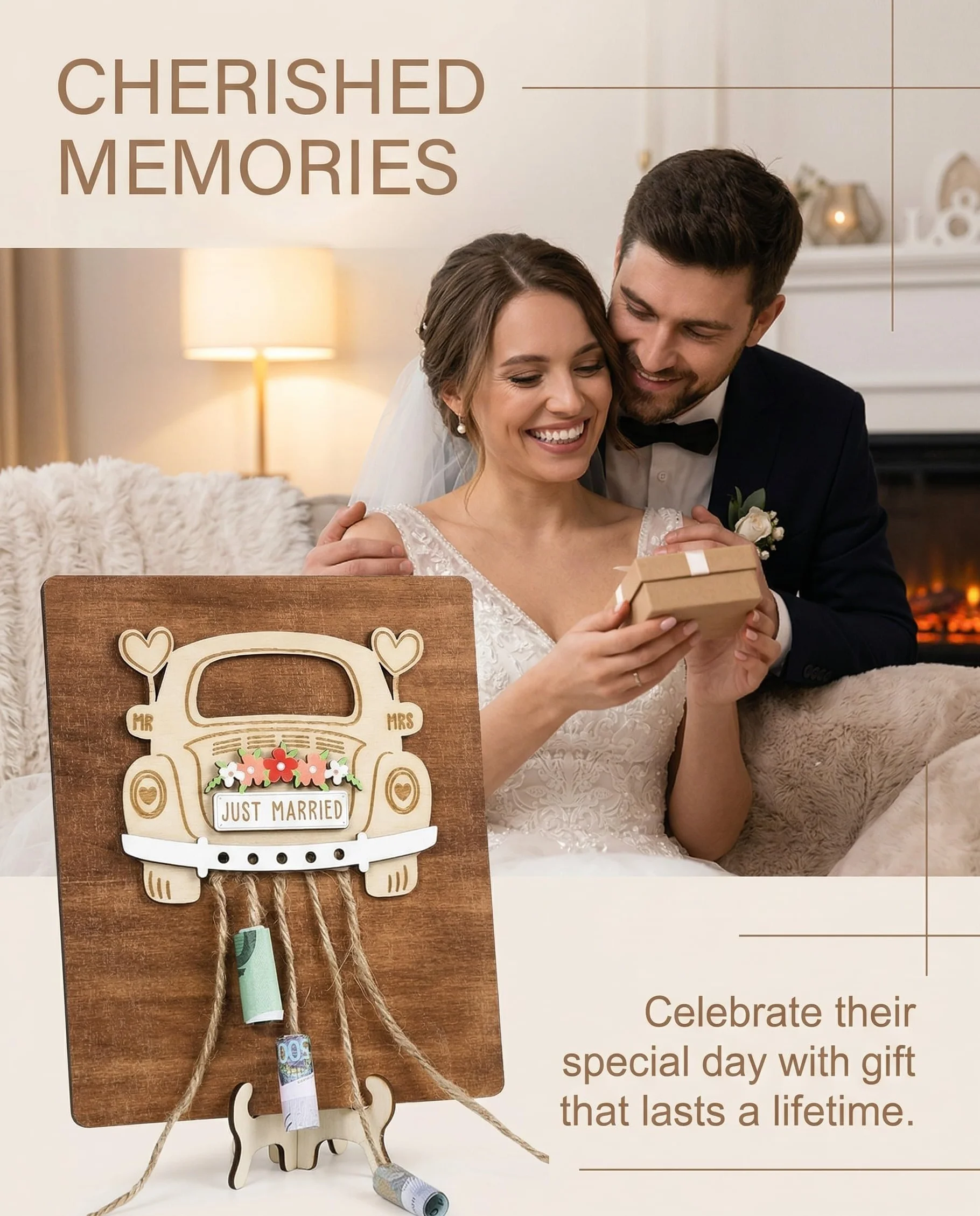 Regalo de Boda Original de Madera para Pareja, Coche con Soporte, Decoración para Novia y Novio