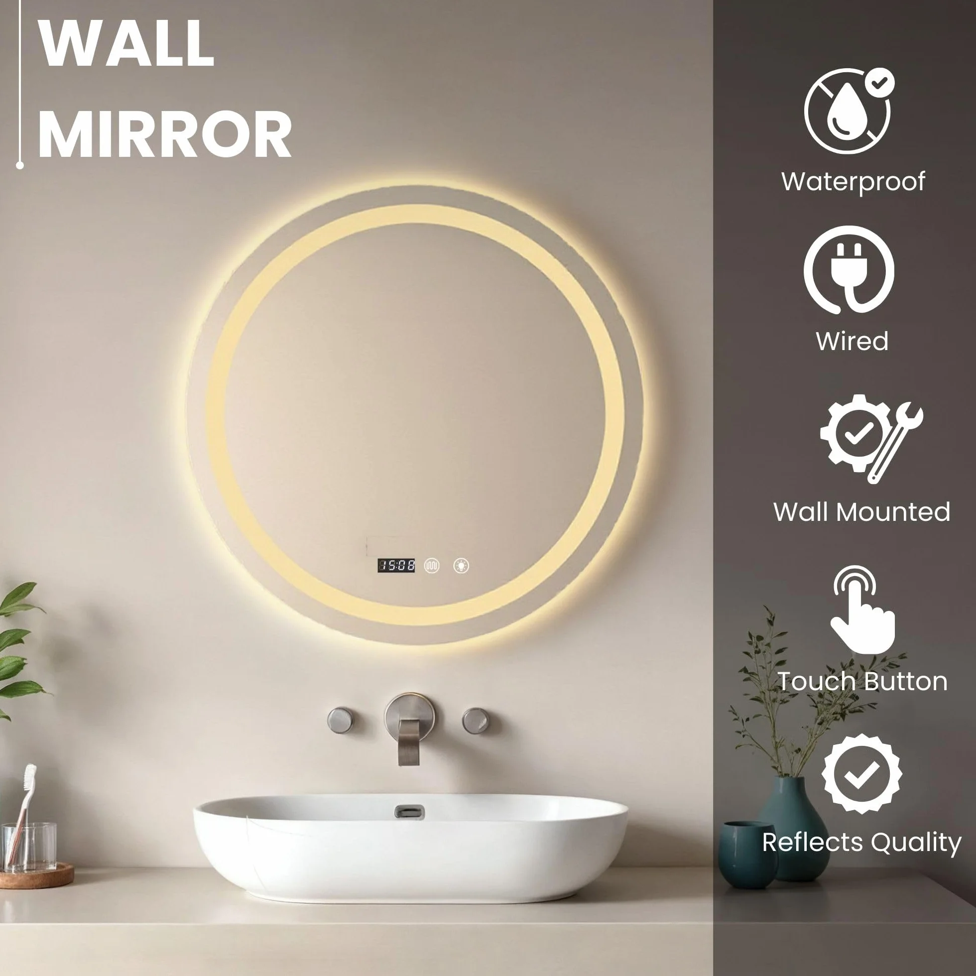 MAGIC SELECT Espejo de Baño con Luz. Espejo Redondo de Pared con Enchufe, 3 Tonos de Color, Ajuste de Brillo y Antivaho, con Indicador de Hora y Temperatura. Ideal para Baño o Tocador (80cm)