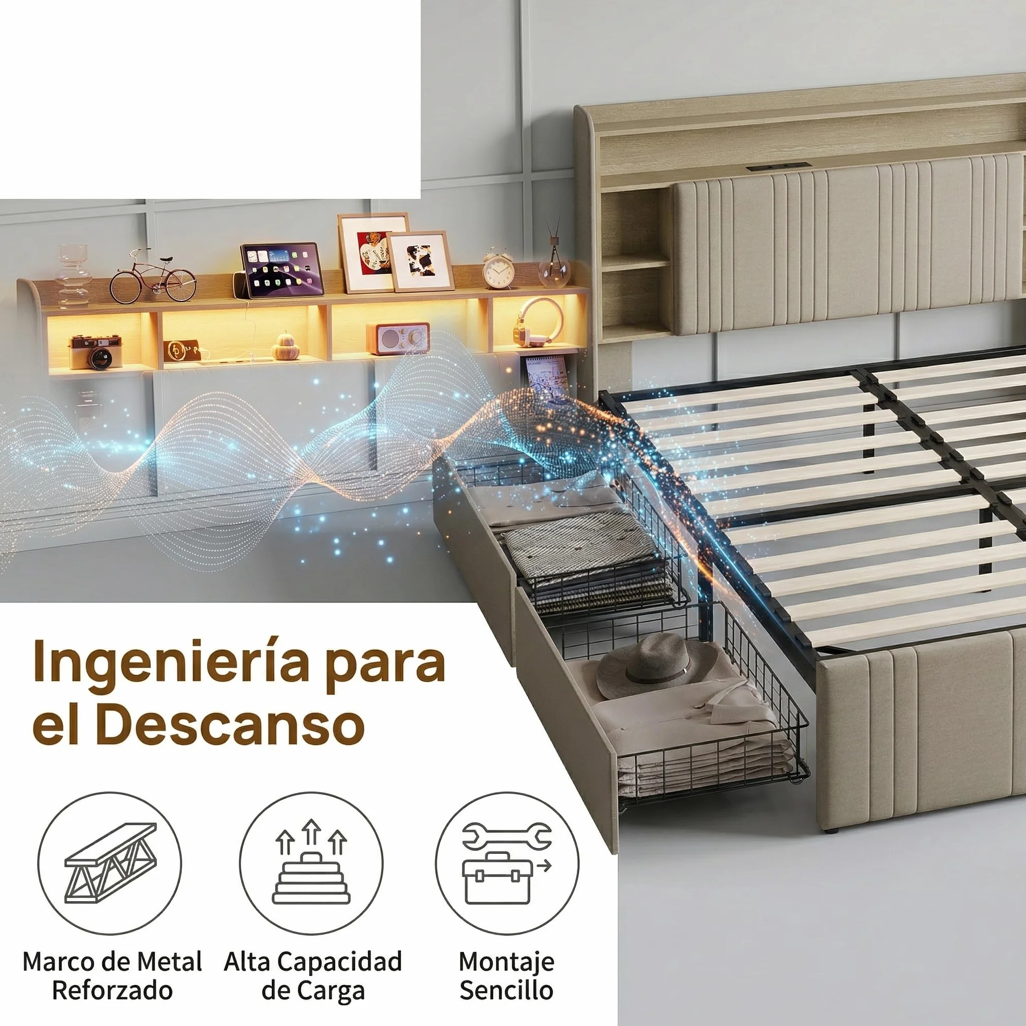 Cama Tapizada 140x200 cm con Luces LED y Estación de Carga USB/Tipo C, Estructura de Cama con Cajón y Cabecero con Almacenaje, Cama de Matrimonio de Lino con Somier de Láminas, Beige, Sin colchón