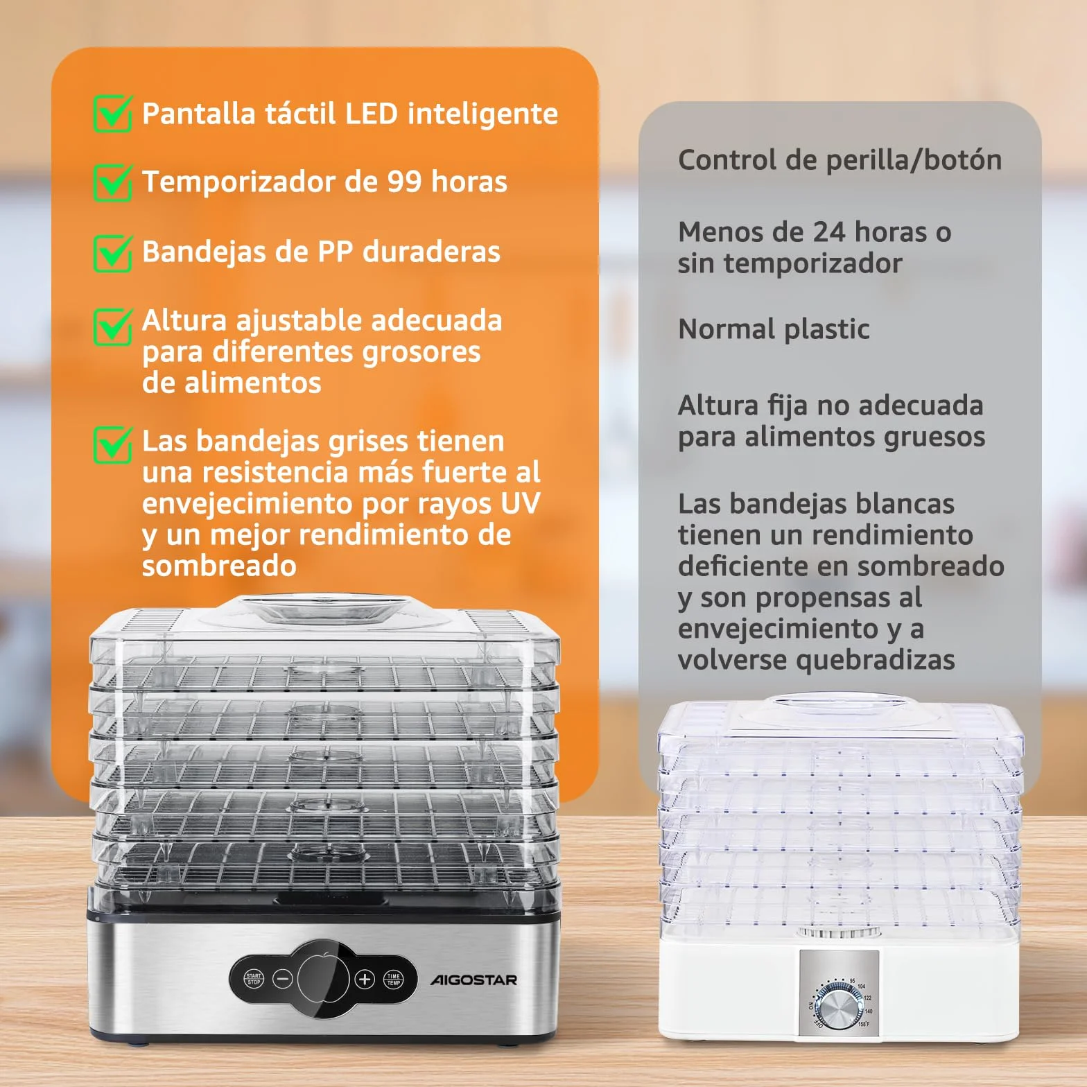 Aigostar Crispy Deshidratador de Alimentos 240W 5 Bandejas Altura Regulable Pantalla LED Temporizador 99H Temperatura Ajustable Sin BPA