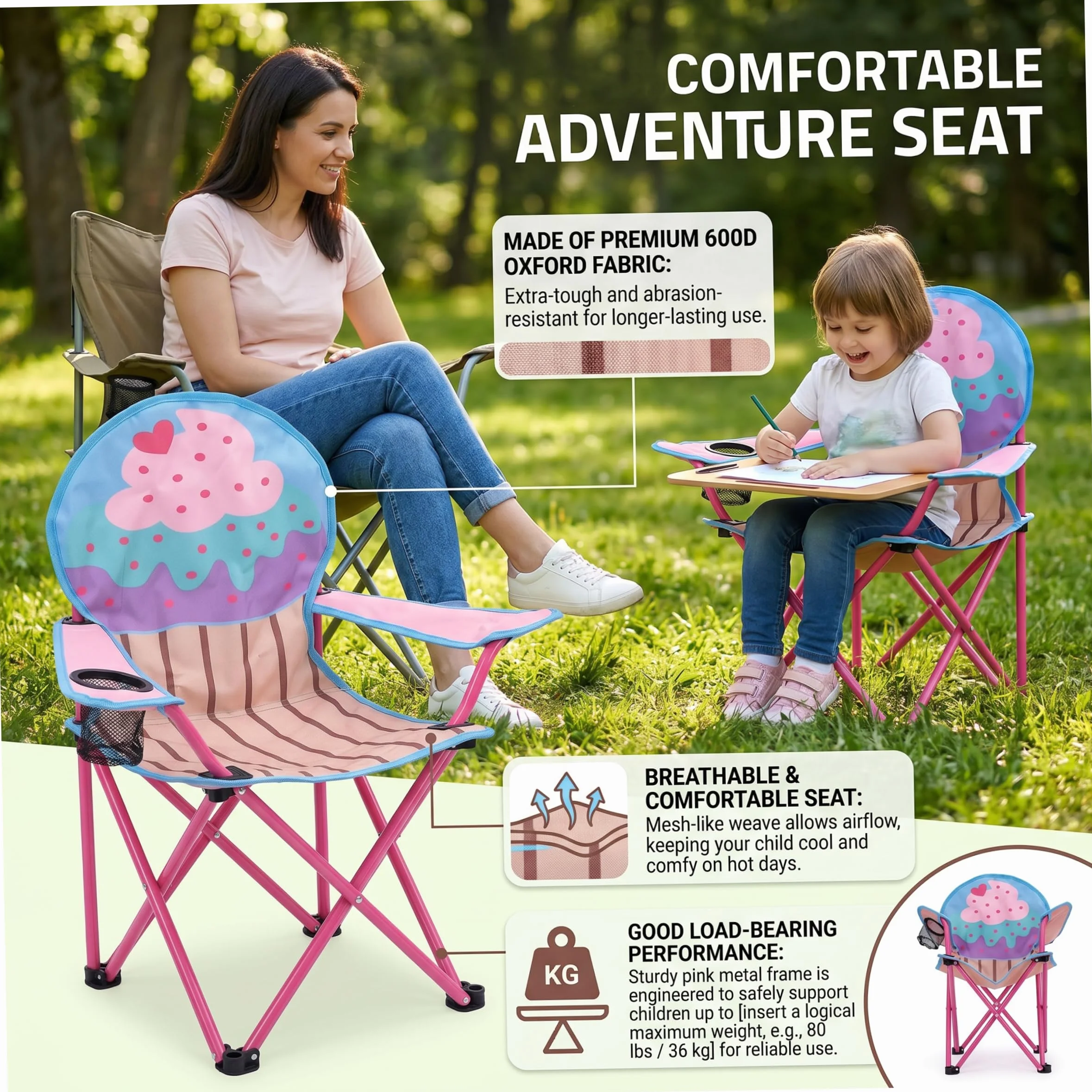 Silla plegable para campamento para niños con portavasos, silla portátil para exteriores para niños pequeños de tela Oxford 600D, patrón de helado de pastel, liviana para playa, senderismo, picn