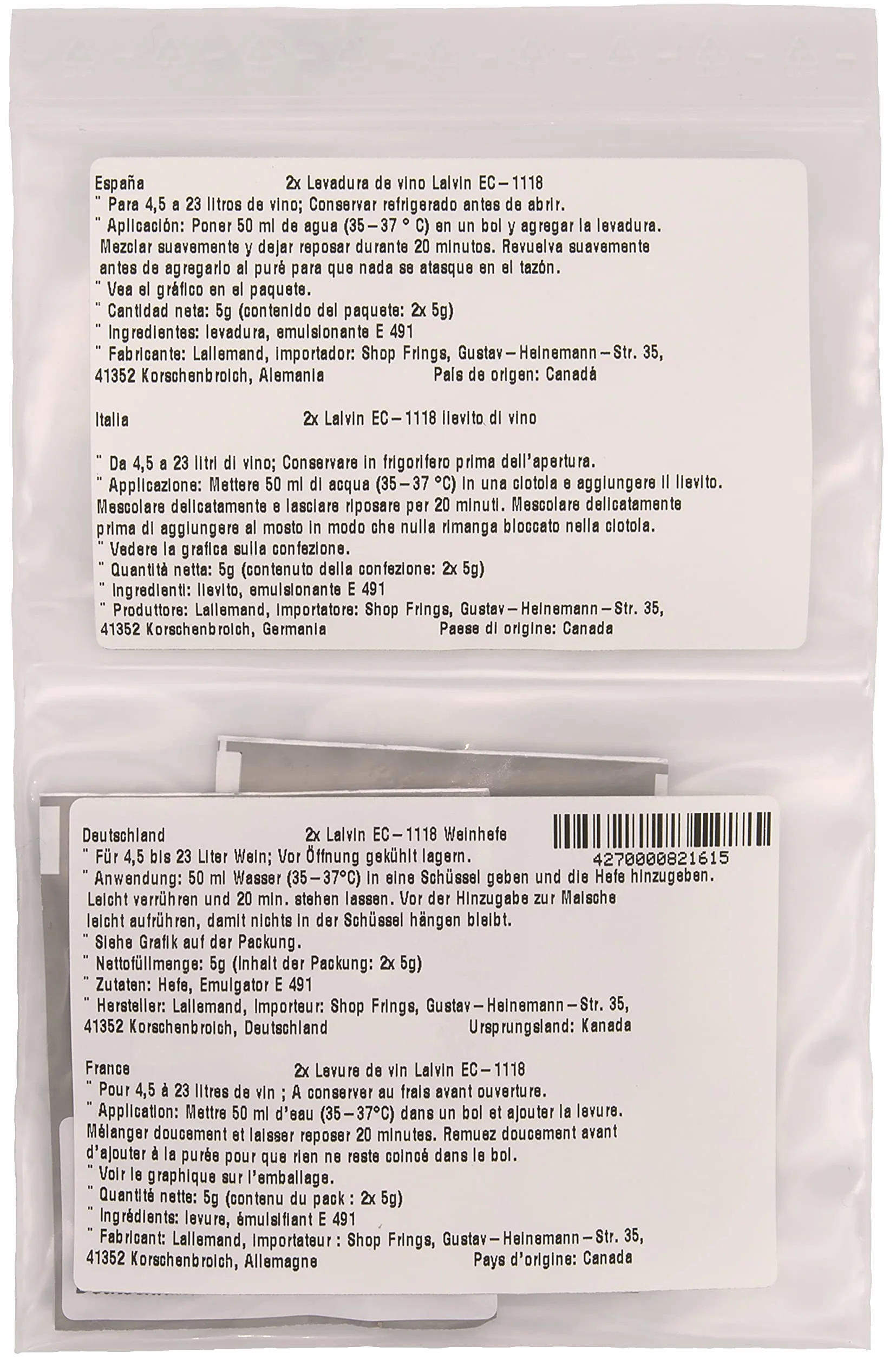 Lalvin EC1118 levadura seca 5 g para vino blanco, rosado y frutas