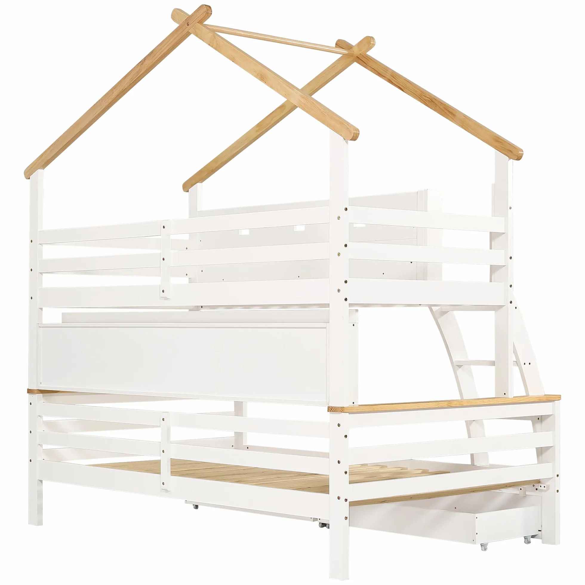Litera, cuna, dos cajones con ruedas, exquisita barandilla decorativa y diseño de techo, escalera inclinada de cuatro pisos, pino + MDF, blanco + natural, 90 x 200 cm y 120 x 200 cm