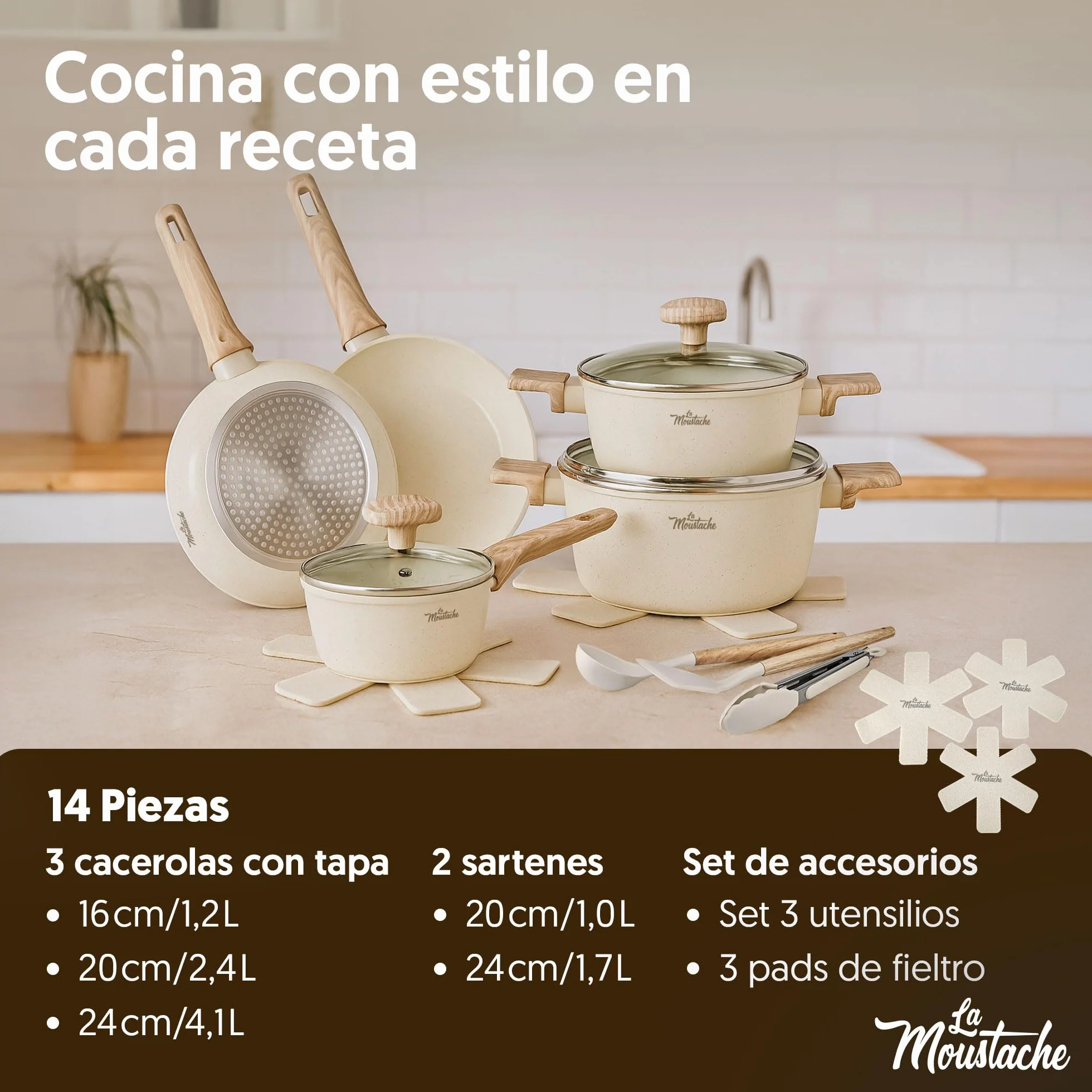 Juego de Ollas y Sartenes de Aluminio Antiadherente 14 Piezas sin PFOA PFOS para Inducción