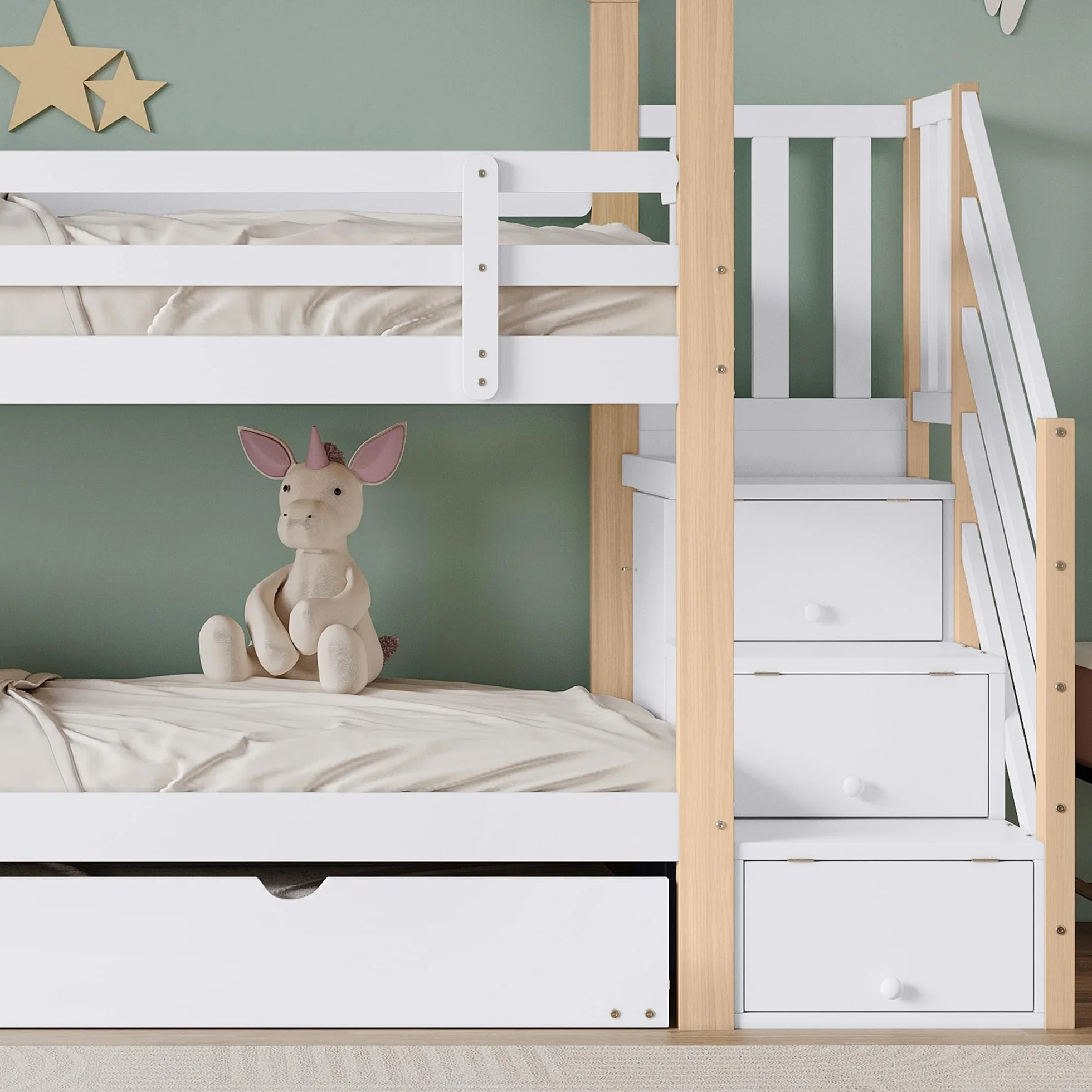 LAKFEW Litera de 90x200 con Cama Nido 90x190 cm, Cama Infantil con Escalera de Almacenaje y Protección Anticaída, Litera Infantil, Camas Infantiles de Madera para 3 Personas, Natur+Blanco, Sin Colchon