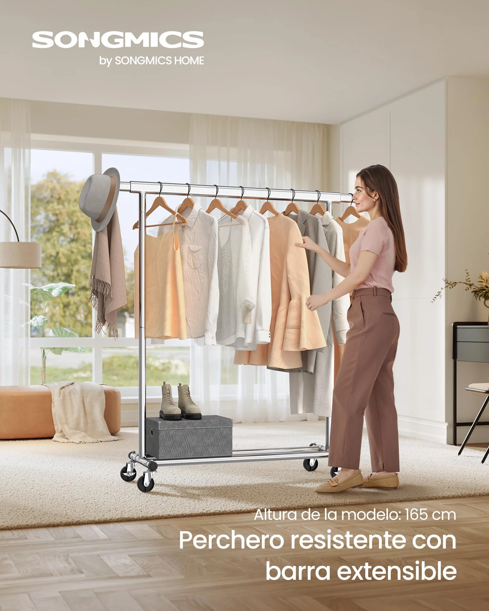 SONGMICS Burro Ropa con Ruedas Extensible 100 kg 45 x 92-132 x 161,5 cm Plata HSR13S