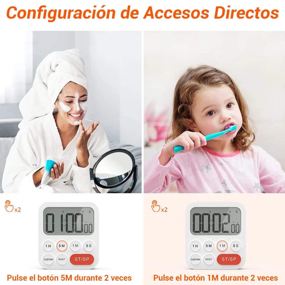 LIORQUE Temporizador de Cocina Digital Multifunción con Reloj, Ajuste Rápido, 3 Niveles de Volumen, Respaldo Magnético, Soporte Plegable