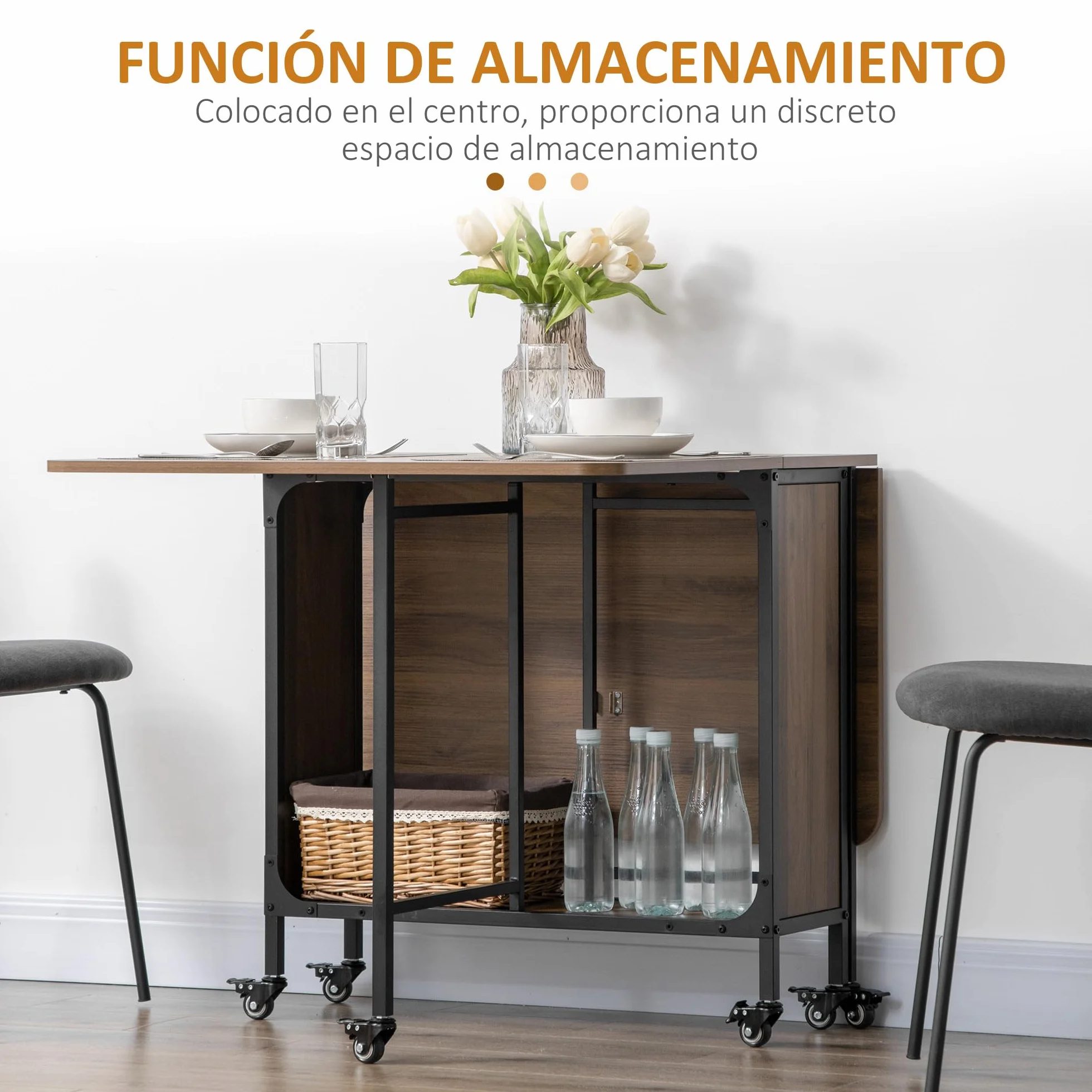 HOMCOM Mesa Plegable de Comedor con Ruedas Alas Abatibles y Estante de Almacenamiento Mesa de Cocina Plegable para Salón 130x80x74 cm Madera Marrón