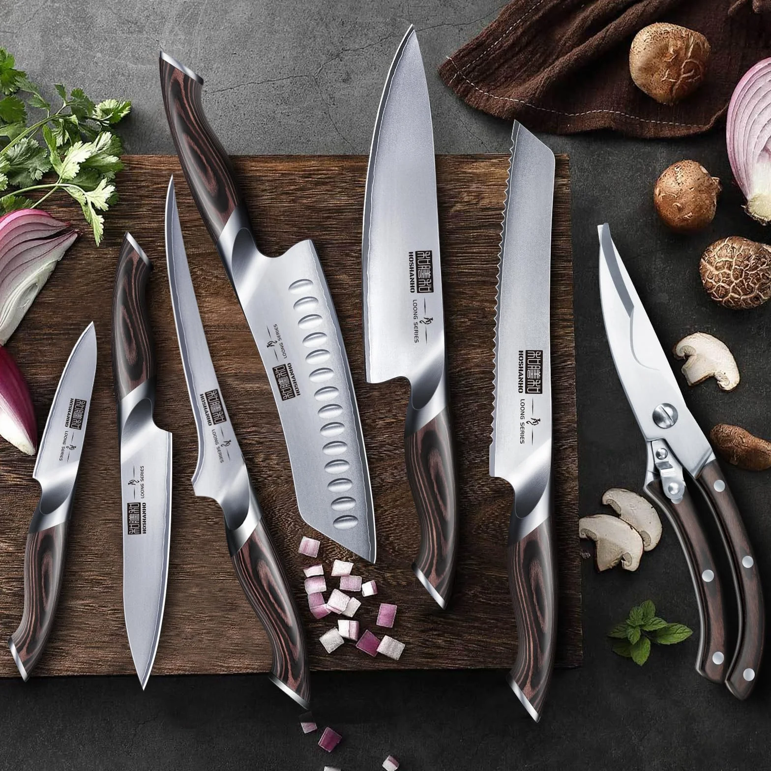 HOSHANHO Juego de Cuchillos de Cocina de 8 Piezas, Acero Super Japonés, Cuchillos de Chef Ultra Afilados con Tijeras