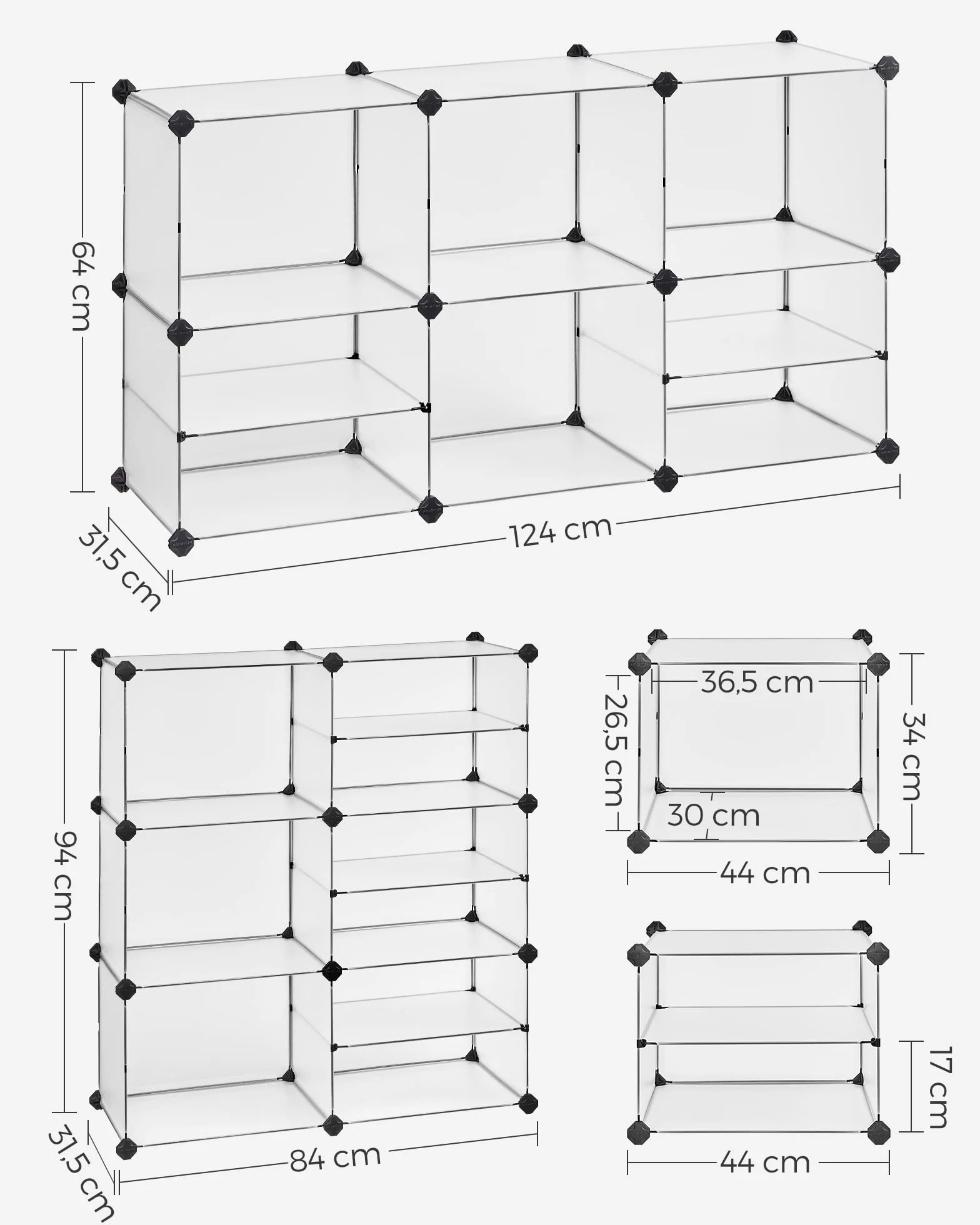 SONGMICS Estantería Modular de 9 Compartimentos, Organizador de Plástico, Zapatero, 30 x 40 x 30 cm, 39 x 40 x 15 cm, Salón, Dormitorio, Estudio, con Martillo de Goma y Hierro, Blanco LPC36W