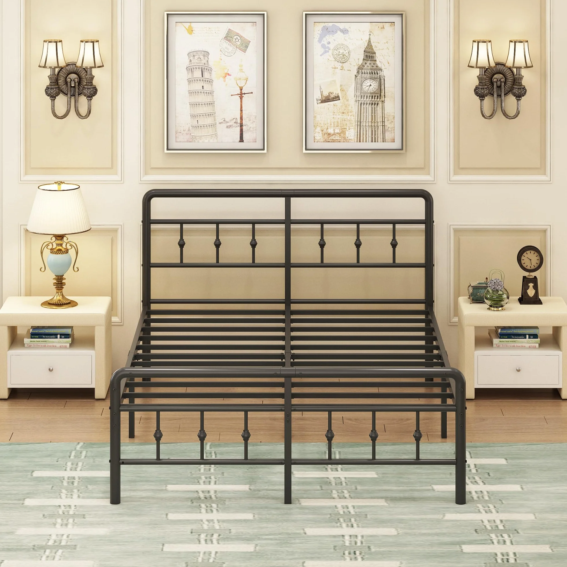 EMODA Cama Matrimonio 150x190 con Cabecero y Piecero, Marco de Almacenamiento 36cm Negro
