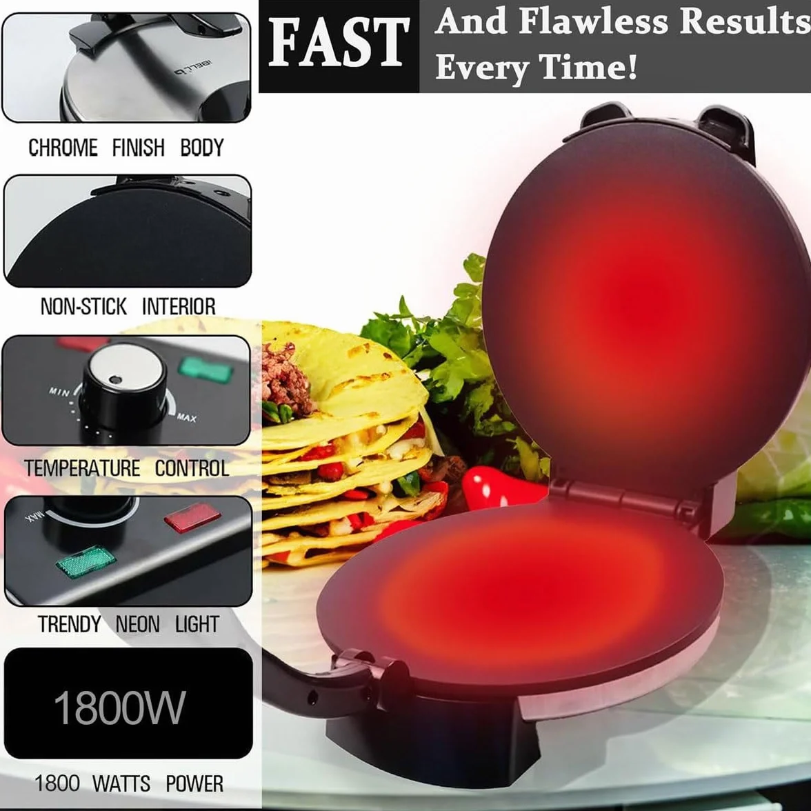Chapati Maker eléctrico, Máquina for prensar tortillas Roti Maker de 1800 W, máquina automática antiadherente con temperatura ajustable, con placa de cocción de 10'' y calentamiento de doble cara