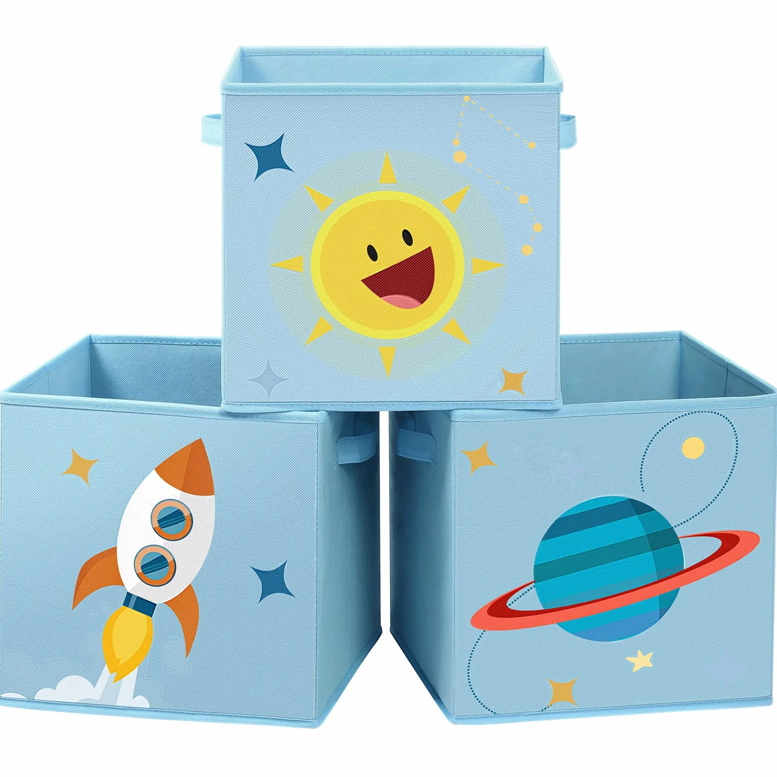 SONGMICS Cajas de Almacenaje, Juego de 3, Organizadoras de Juguetes, Cubos Plegables con Asas, para Habitación de Niños, Sala de Juegos, 30 x 30 x 30 cm, Tema del Espacio, Azul RFB001B03