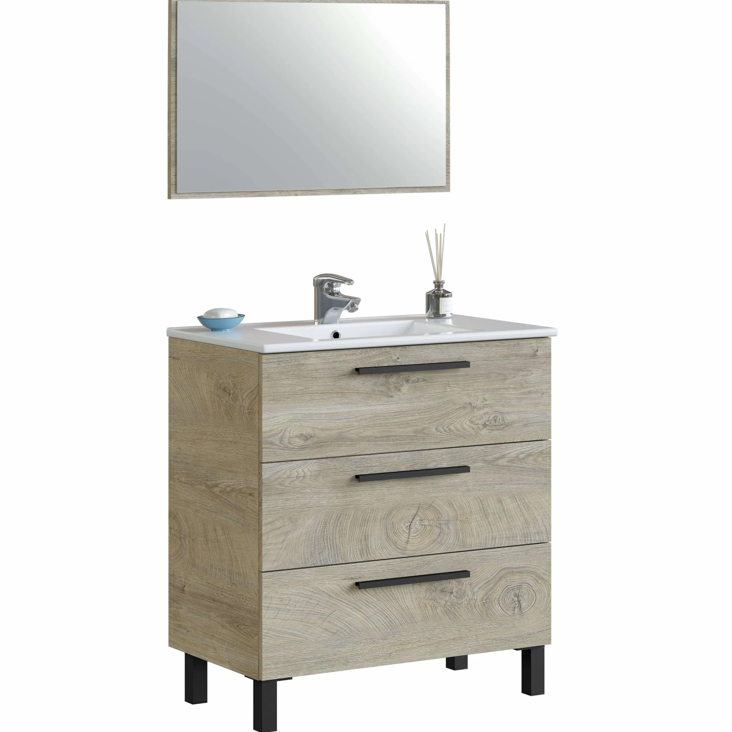 ARKITMOBEL Mueble de Baño Athena con 3 Cajones y Espejo, Módulo de Lavabo con Patas, Color Roble Alaska, Medidas: 80x86x45 cm (Lavabo No Incluido)