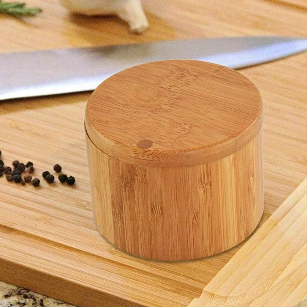 Salero de Bambú 500ML con Tapadera Giratoria para Cocina