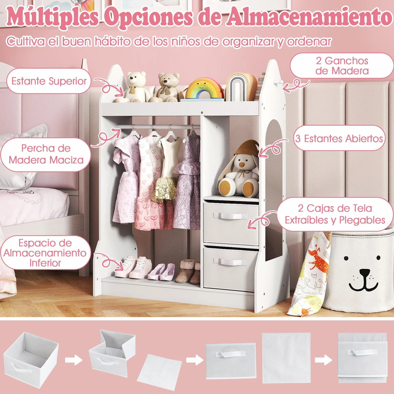 COSTWAY Armario de Almacenamiento Infantil con Espejo Acrílico y Perchero, Blanco