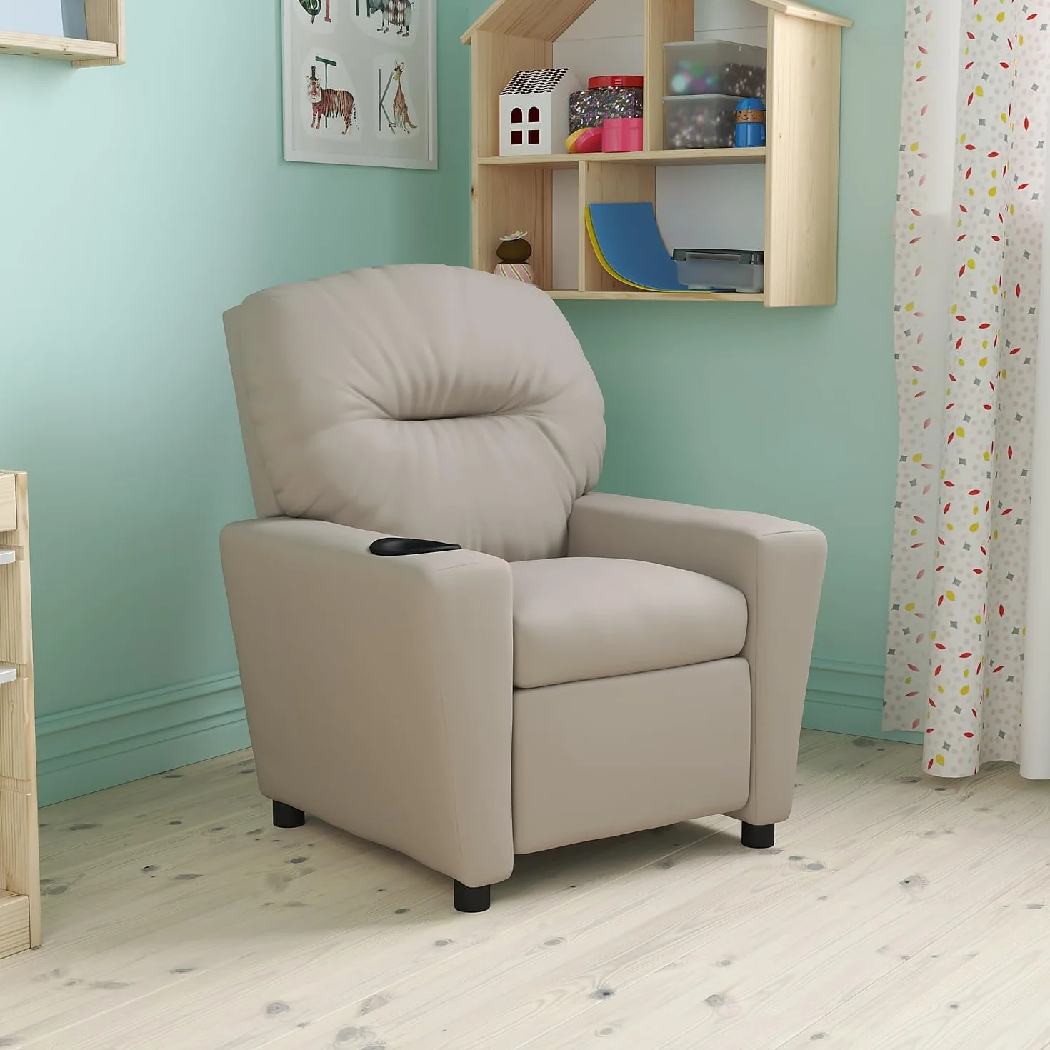 Flash Furniture Sillón reclinable Chandler de Vinilo para niños con portavasos, admite hasta 90 lbs, Beige