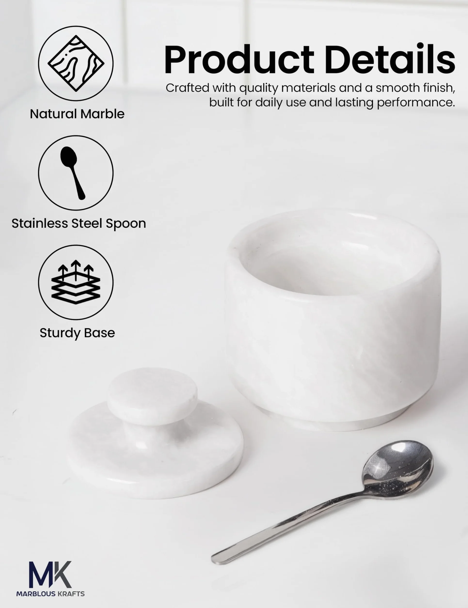 MARBLOUS KRAFTS Salero de mármol con tapa y cuchara de 3" blanco, recipiente pequeño para sal en escamas, tarro de condimentos, almacenamiento de especias para encimera, ideal para caja de sal, tarro