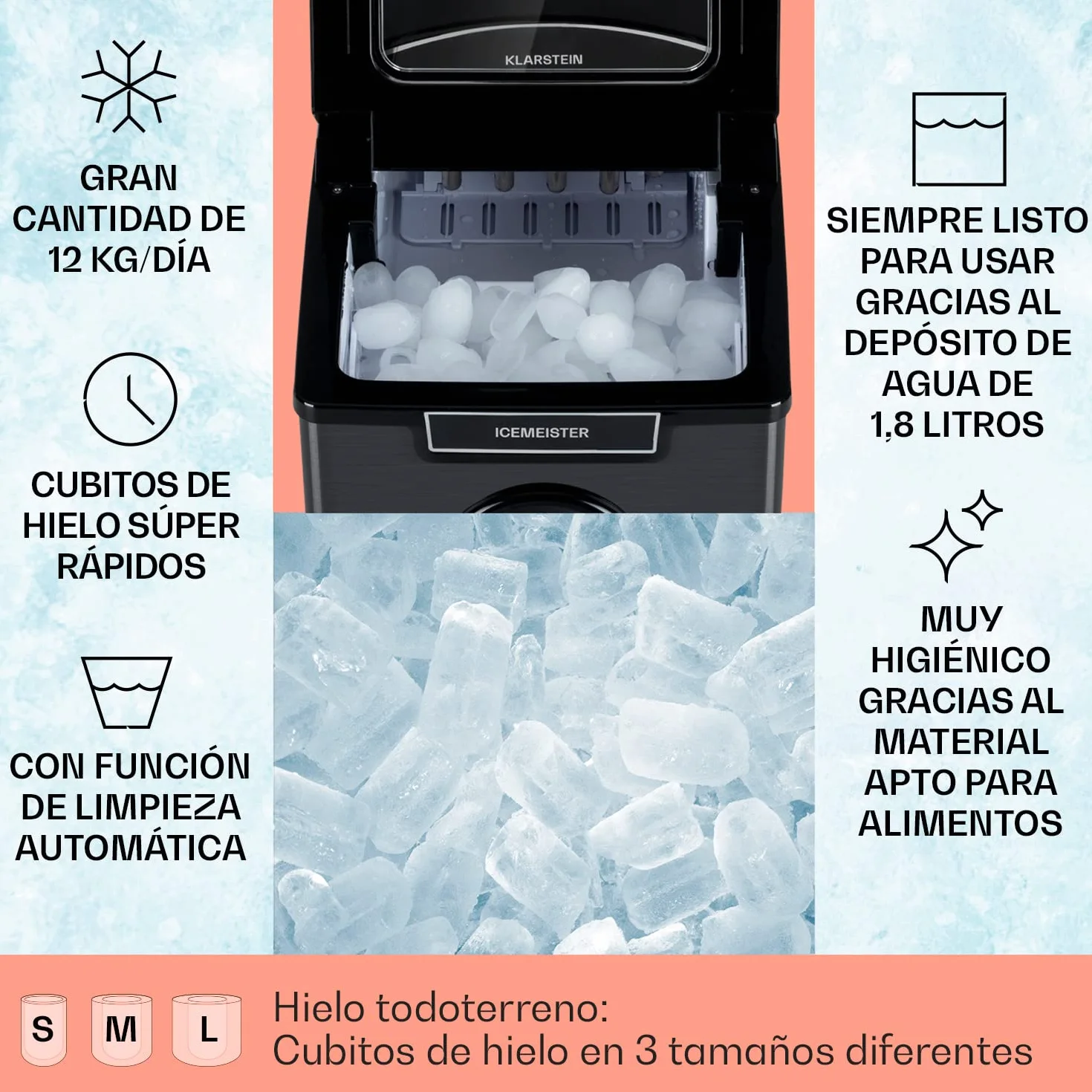 Klarstein Máquina de Hielo Portátil 2,5L 12 kg Auto Limpieza Pantalla LCD