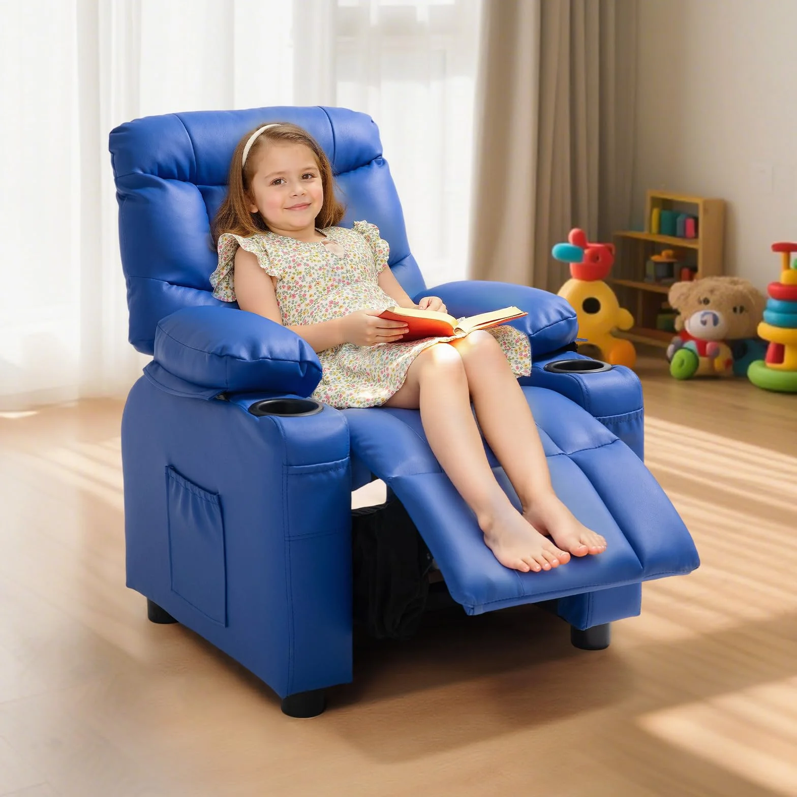 VEVOR Sillón Relax Reclinable para Niños, Sofá Infantil, Respaldo Ajustable 107°-126°, 2 Portavasos, 4 Bolsillos, Reposapiés, Cuero Sintético, Azul