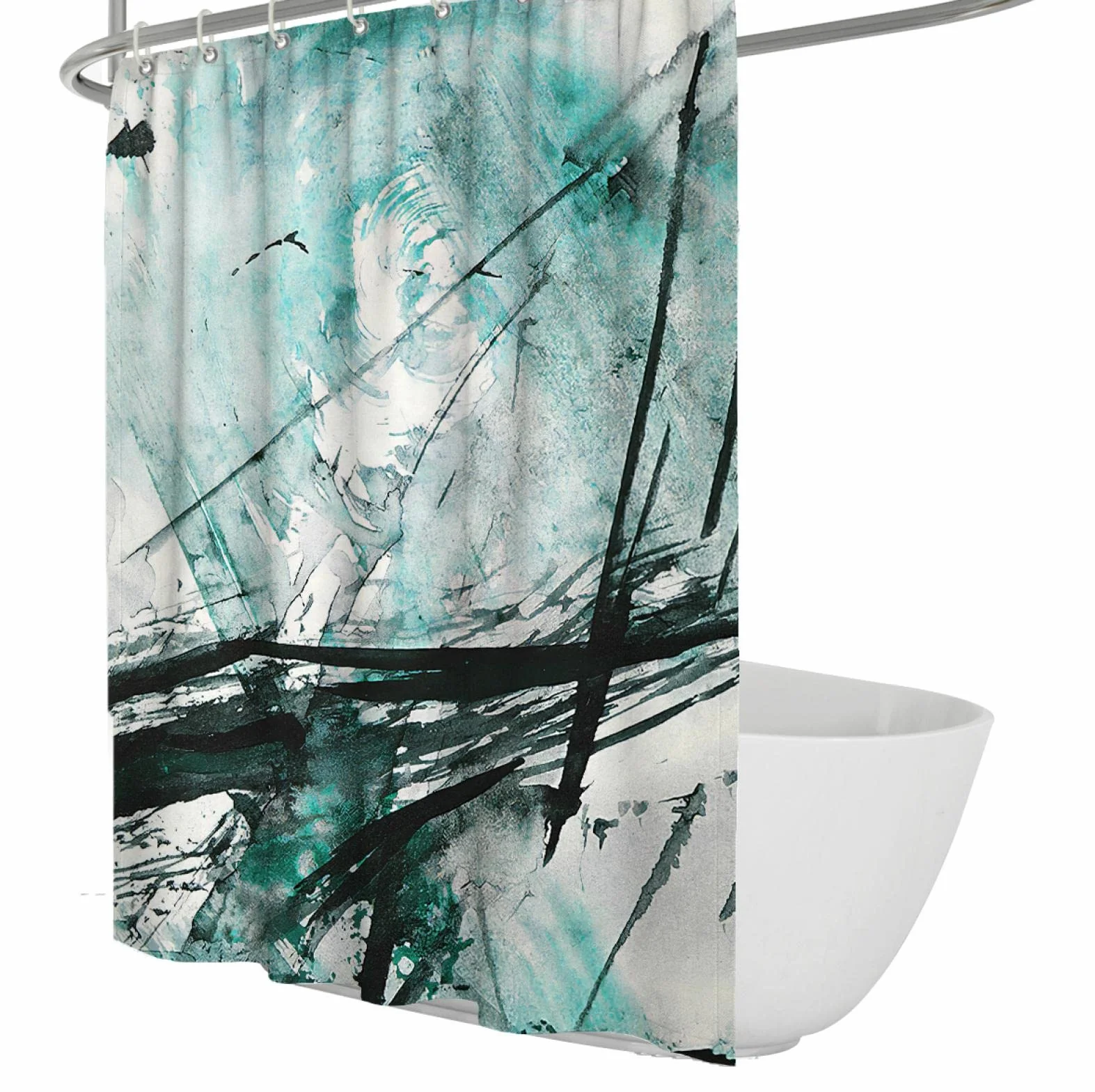 Pintura Abstracta con Juegos de Cortinas de Ducha Azules Juego de Cortinas de Ducha de Tinta artística con Ganchos Cortina de Ducha Impermeable y fácil de Limpiar para baño W190xL220cm