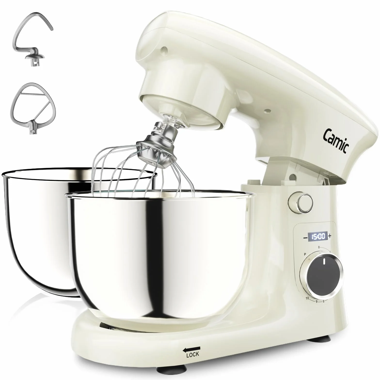 Camic Amasadora Batidora 4L + 5L Recipiente Inox, Amasadora Pantalla LED, Temporizador, 10 Configuraciones de Velocidad, Gancho de Repostería, Batidor, Mezclador, Para Masa, Pan, Pizza, Pasteles