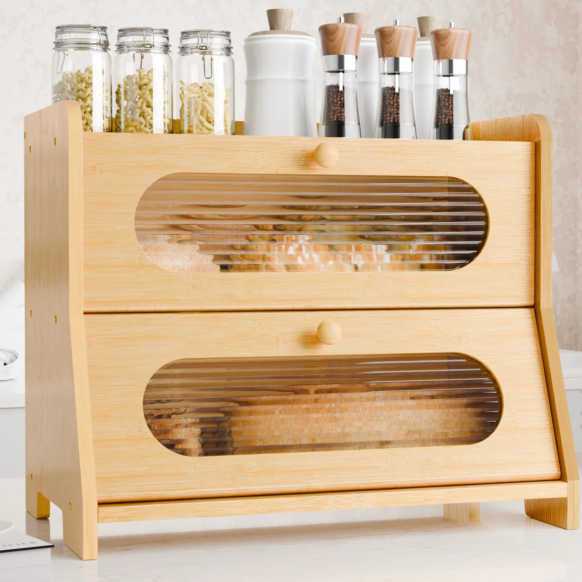 Panera para encimera de cocina, contenedor grande de almacenamiento de pan de bambú de doble capa con panel de puerta ondulado acrílico (natural)