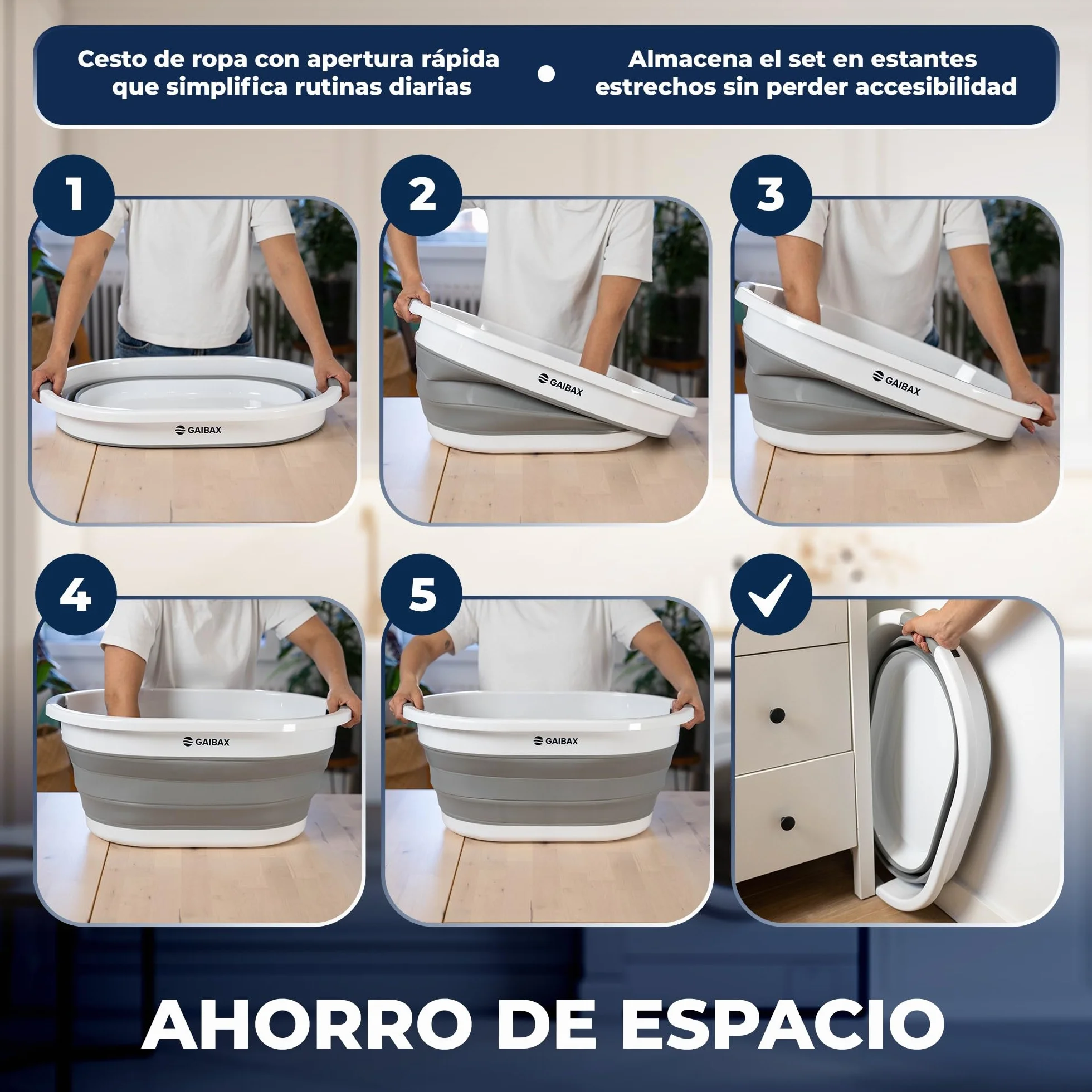 Cesto Ropa Plegable 37L Gran Capacidad Multiuso Colada Almacenaje Hogar Camping Blanco Gris