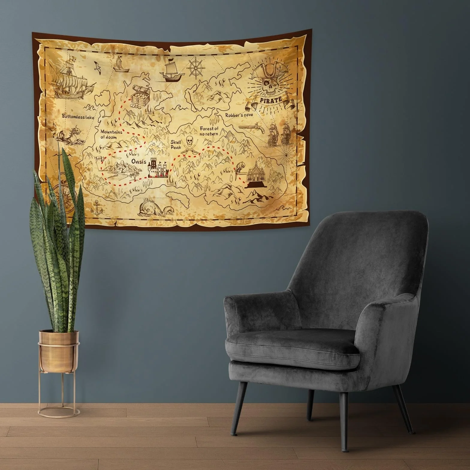 YONGFOTO Tapiz Mapa del TesoroAntiguos Pirata Mapa Mundi Decoracion Pared Poster Isla Occidental Ruta Navegación Dormitorio Cubierta Sofá Cama, 100x70cm