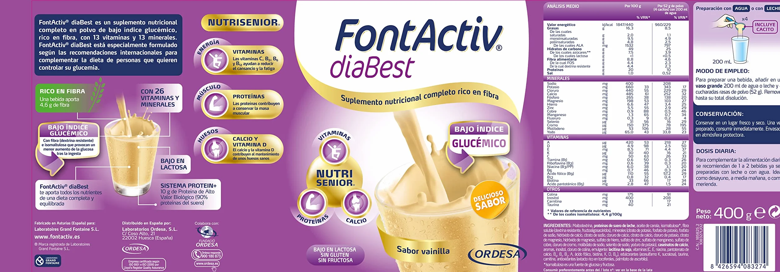 FontActiv diaBest Vainilla 3PACK Suplemento Nutricional con Fibra de Bajo Índice Glucémico