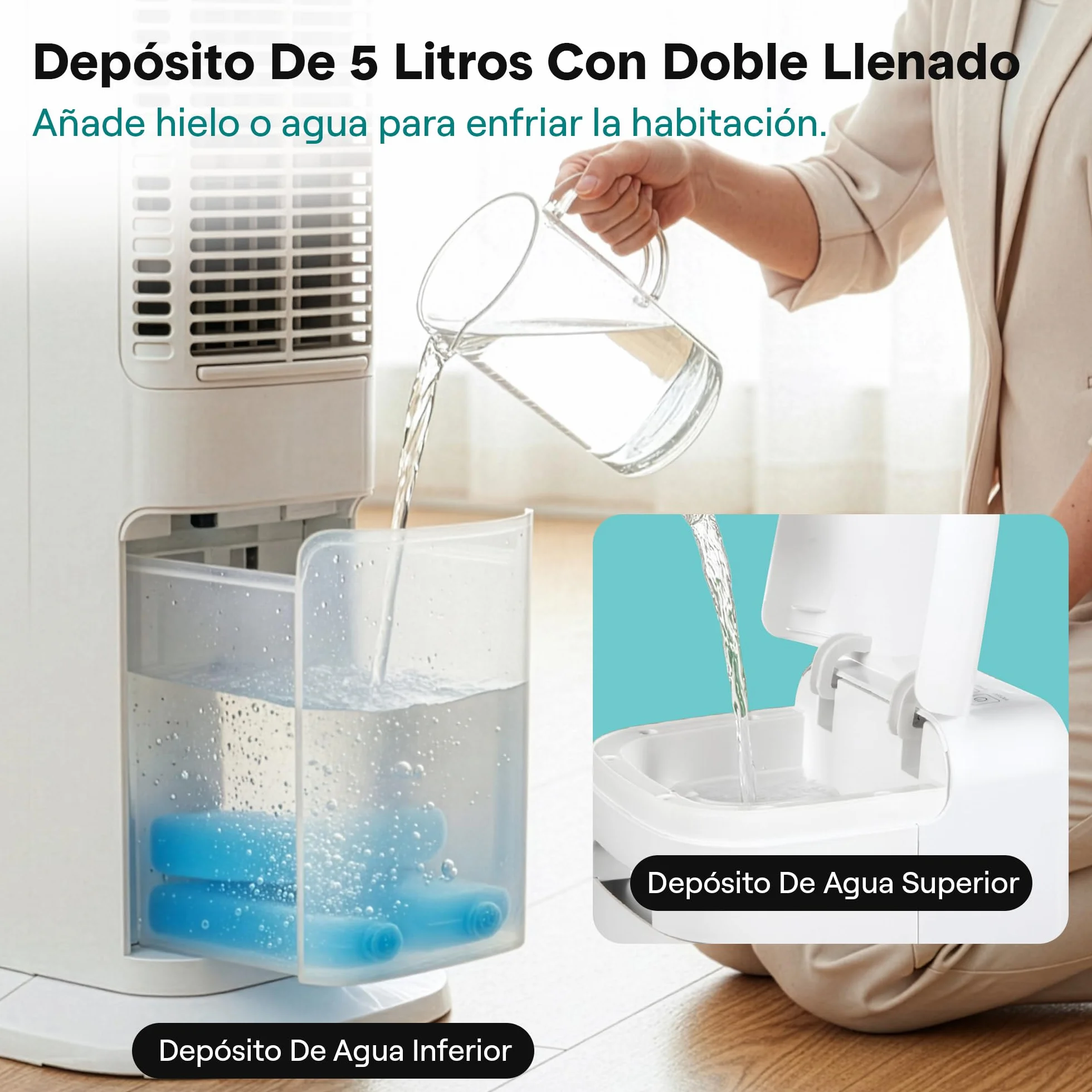 SereneLife Enfriador de Aire Evaporativo, de Torre con Mando a Distancia, Tanque de 5L, 4 Cajas de Hielo, 3 Velocidades, Enfriador de Pie Silencioso con Oscilacion, Portatil, Eficiente en Energia