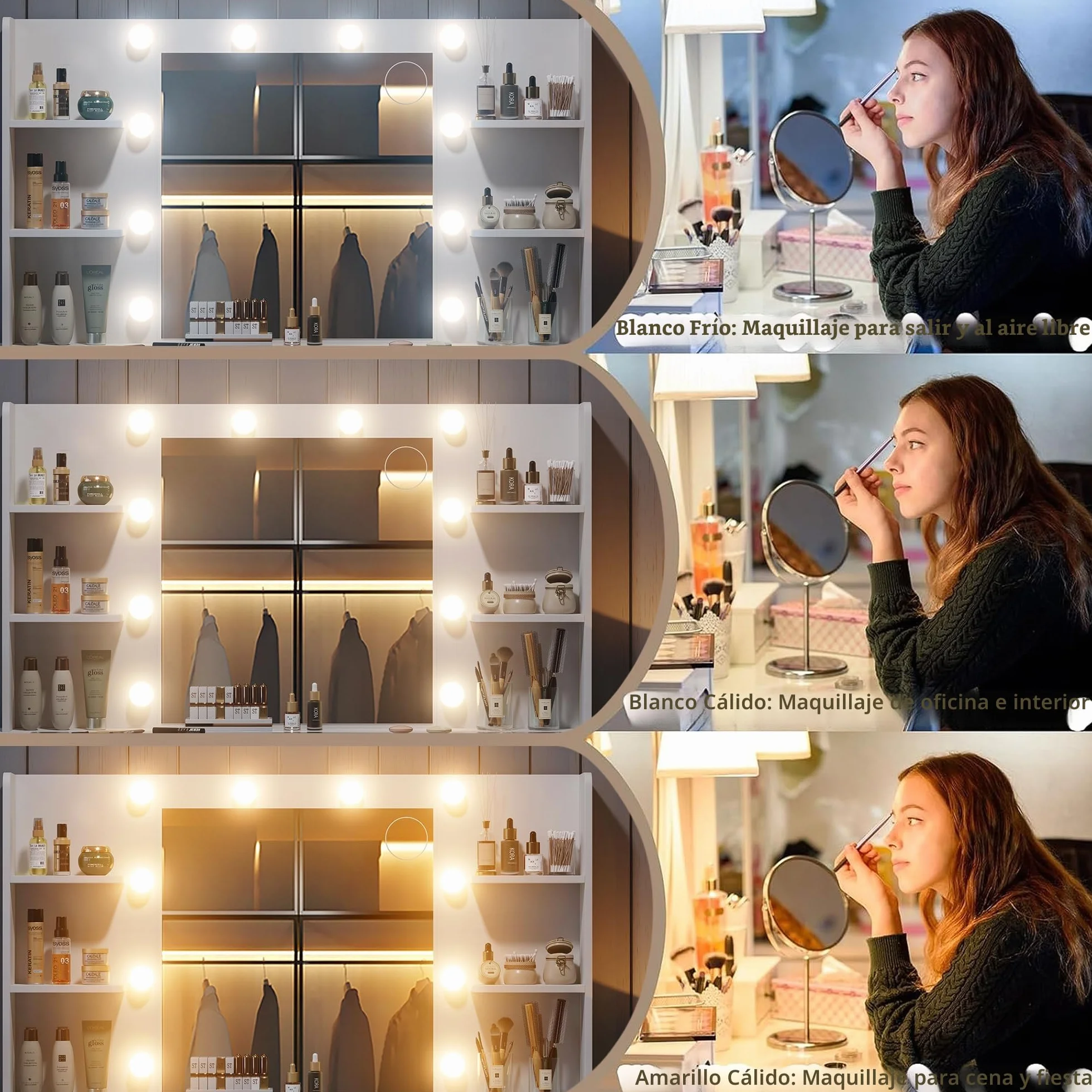 Yanosaku Tocador con Fuente de alimentación 47 Pulgadas más Ancho con Espejo y 12 Luces LED 3 Modos de iluminación de Color 11 cajones 4 estantes Panel Plegable Mesa de Cristal Juego de Maquillaje