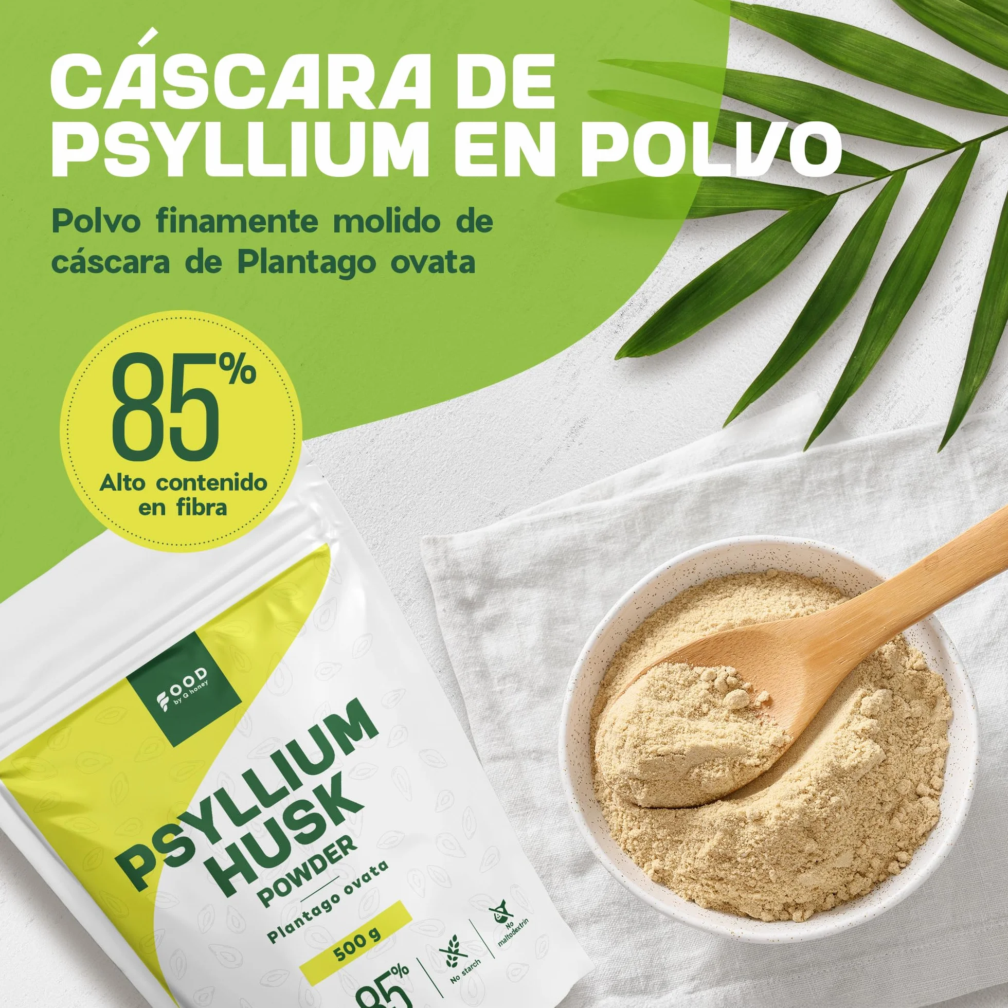 Psyllium Husk en Polvo 500 g - Alto en Fibra (~85%), Sabor Neutro - Vegano, Sin OGM - Plantago Ovata